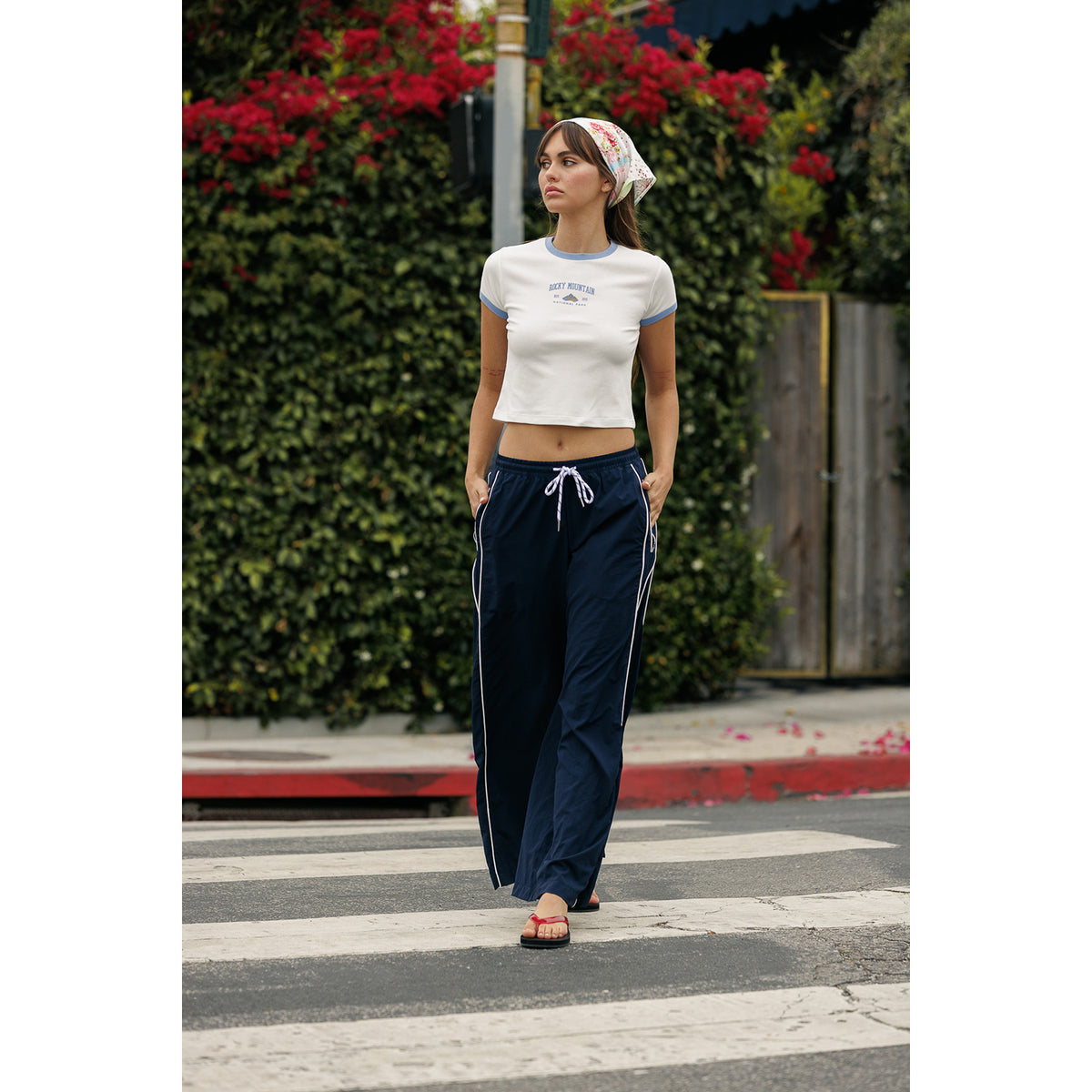 Nylon Wide leg Track Pants - Navy