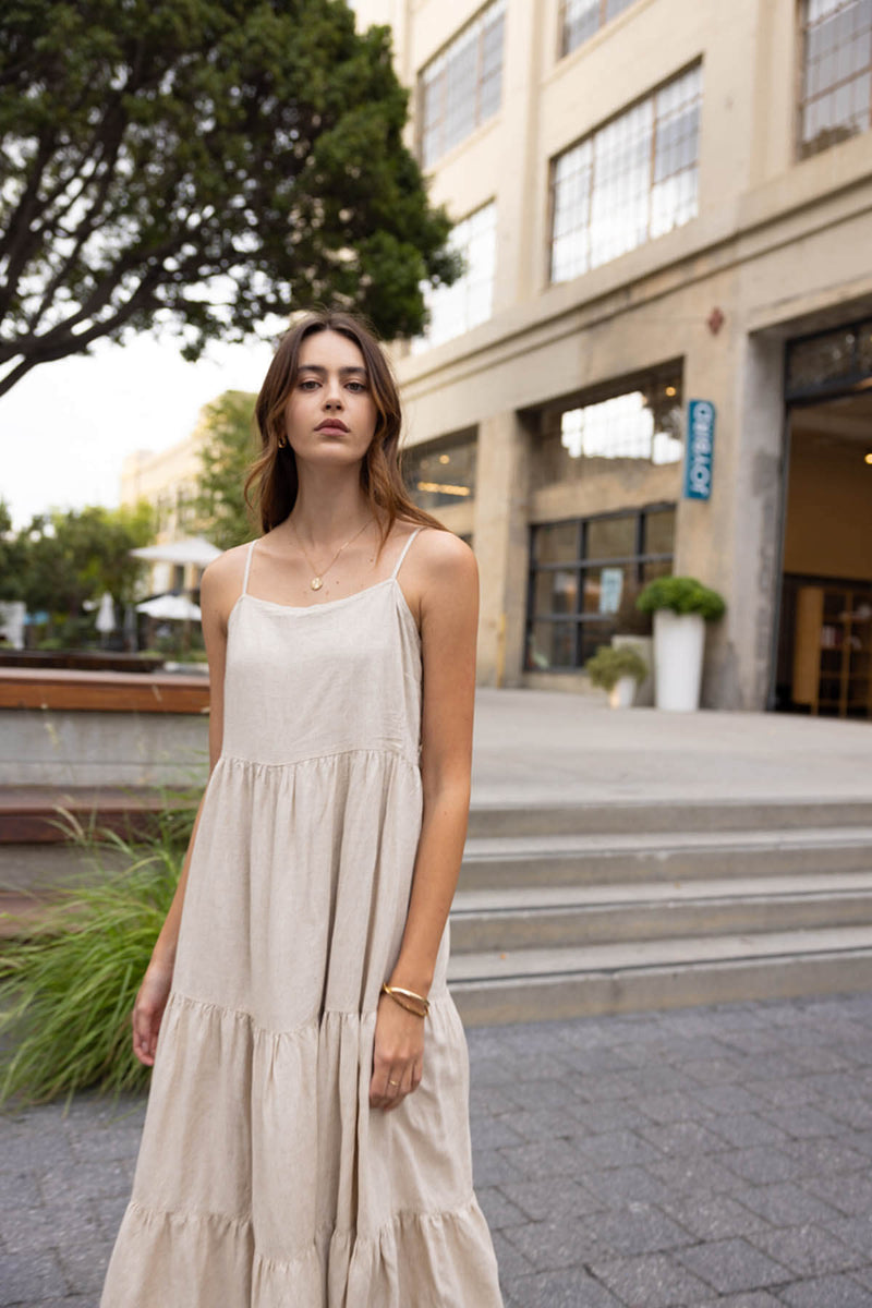 Flowy Tiered Sleeveless Maxi Linen Dress Oatmeal