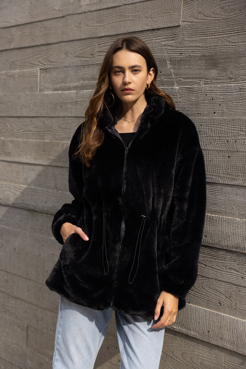 Fluffy Faux Fur Zip Front Drawstring Jacket