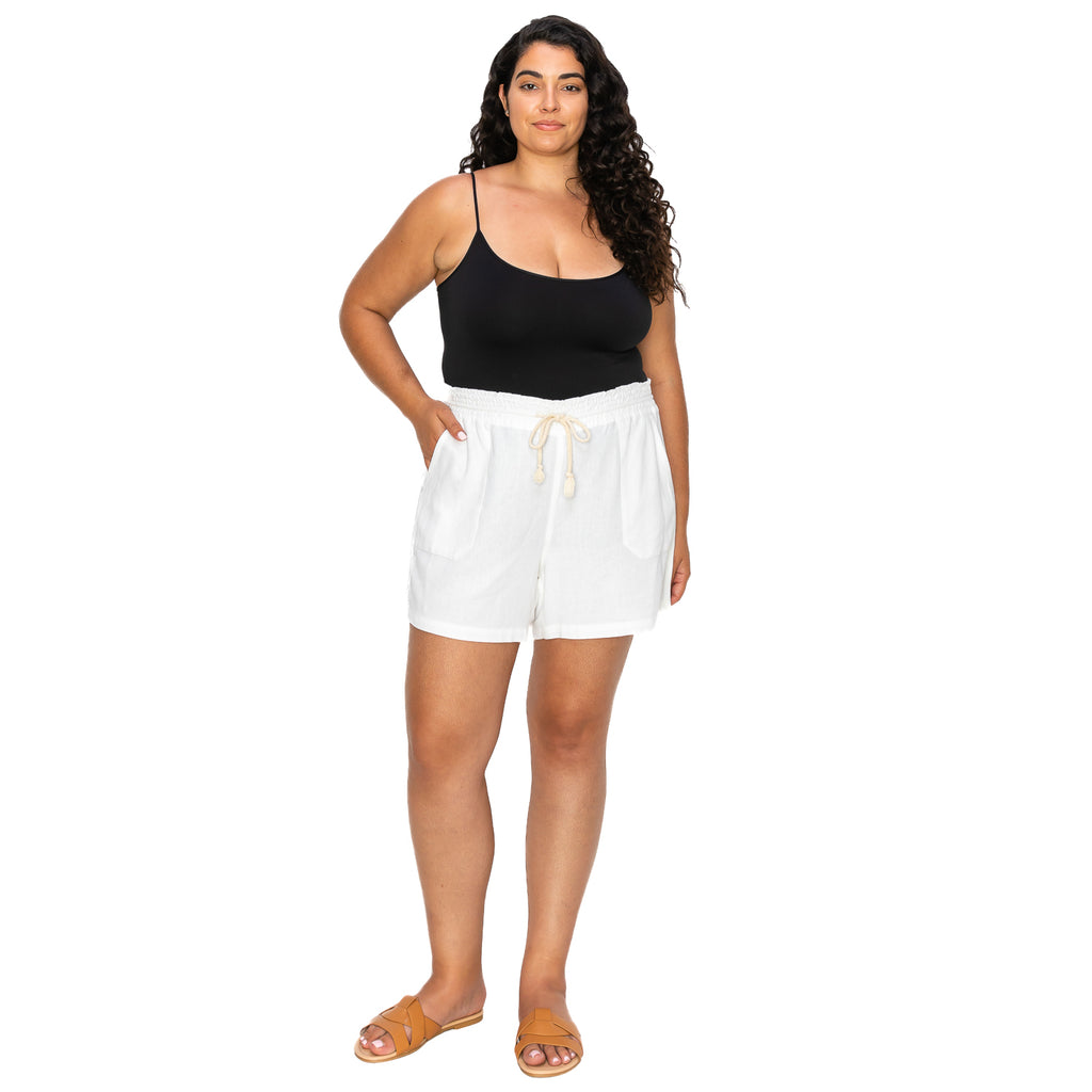 [Plus Size] Drawstring Smocked Waist Oceanside Lounge Beach Shorts with Pockets - White - cali1850shop