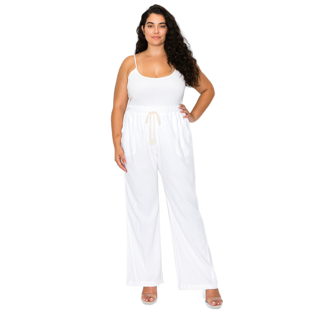 [Plus Size] Linen Pants 32" Inseam Drawstring Smocked Waist Beach Pants - White - cali1850shop