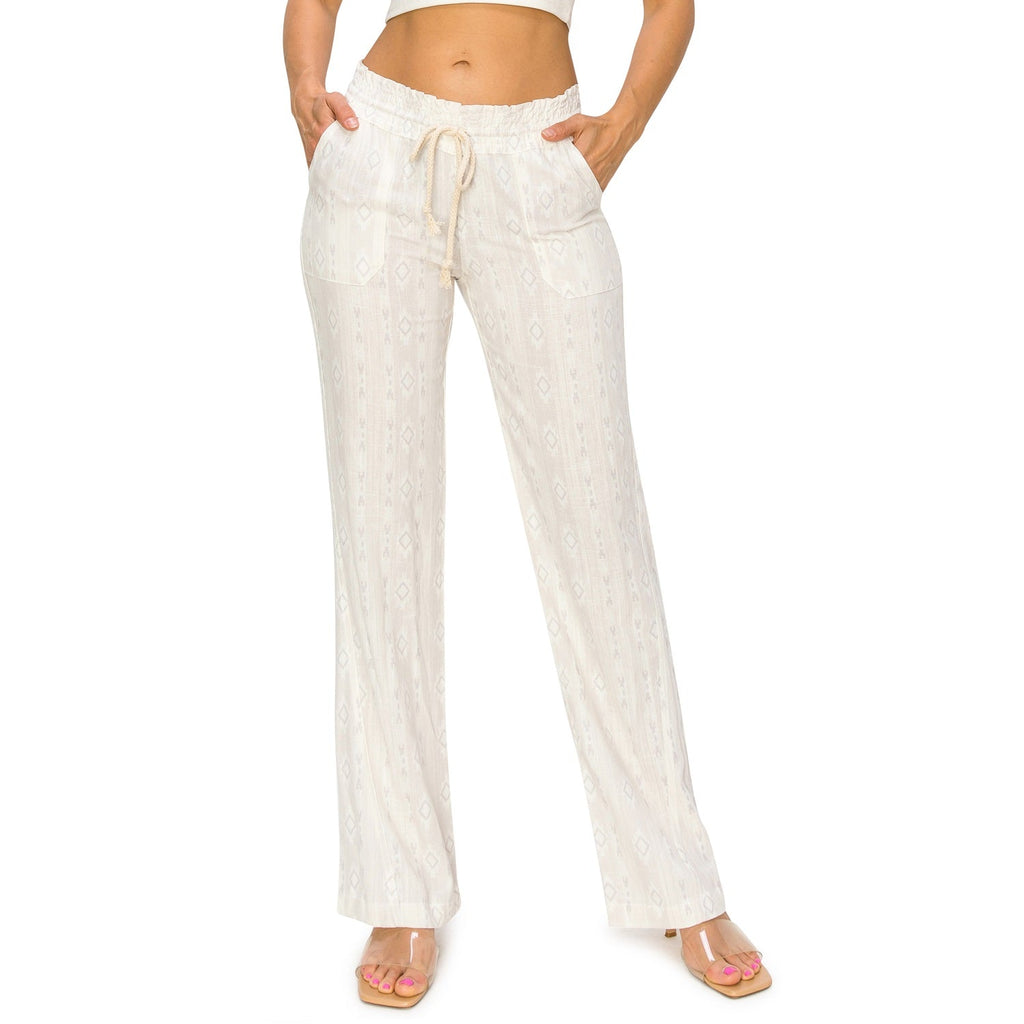Linen Pants 32" Inseam Drawstring Smocked Waist Printed Beach Pants - Natural Aztec - cali1850shop