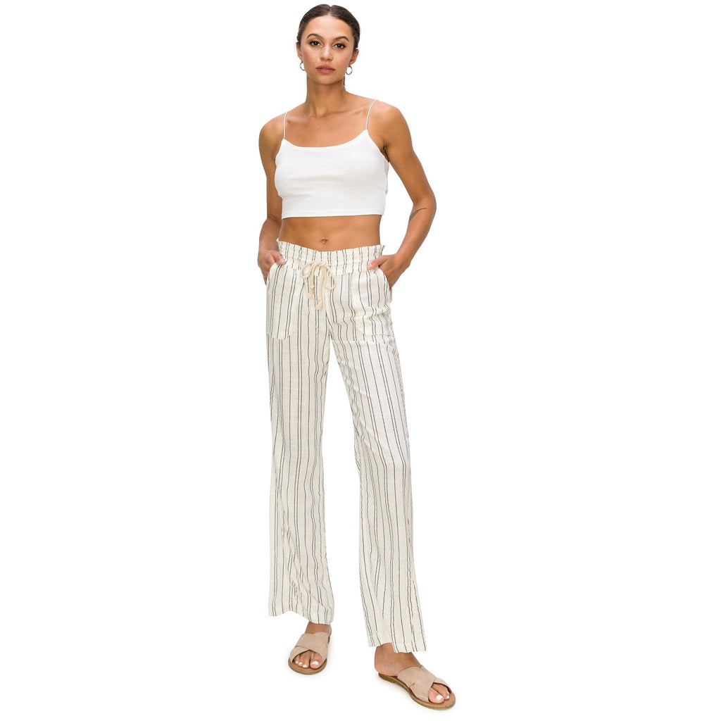 Linen Pants 32" Inseam Drawstring Smocked Waist Printed Beach Pants - Grey Multi - cali1850shop