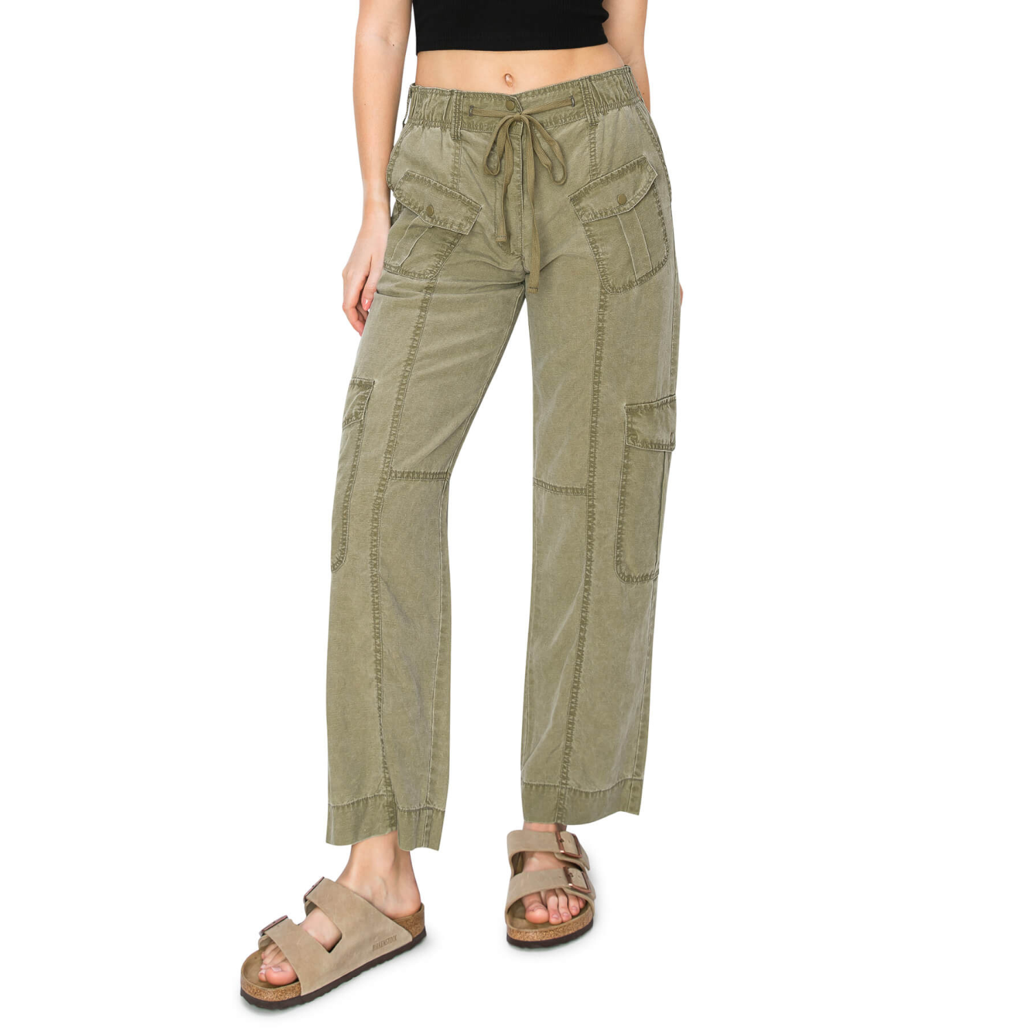 Washed Linen Cargo Pants - Olive