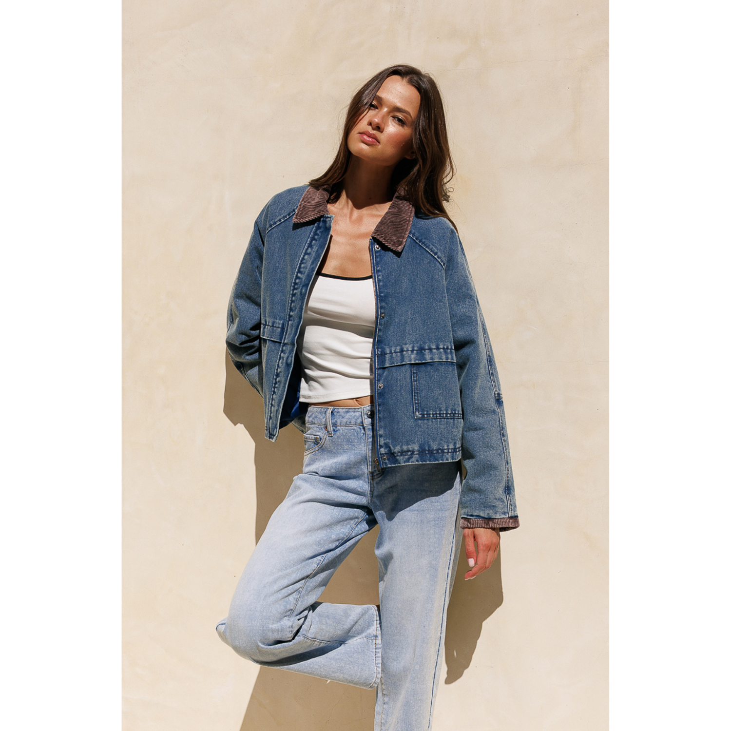 Contrast Collar Denim Jacket - Medium Wash