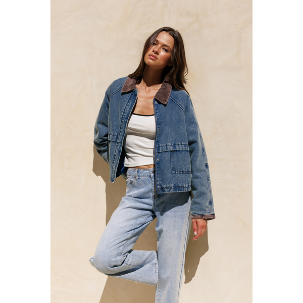 Contrast Collar Denim Jacket - Medium Wash