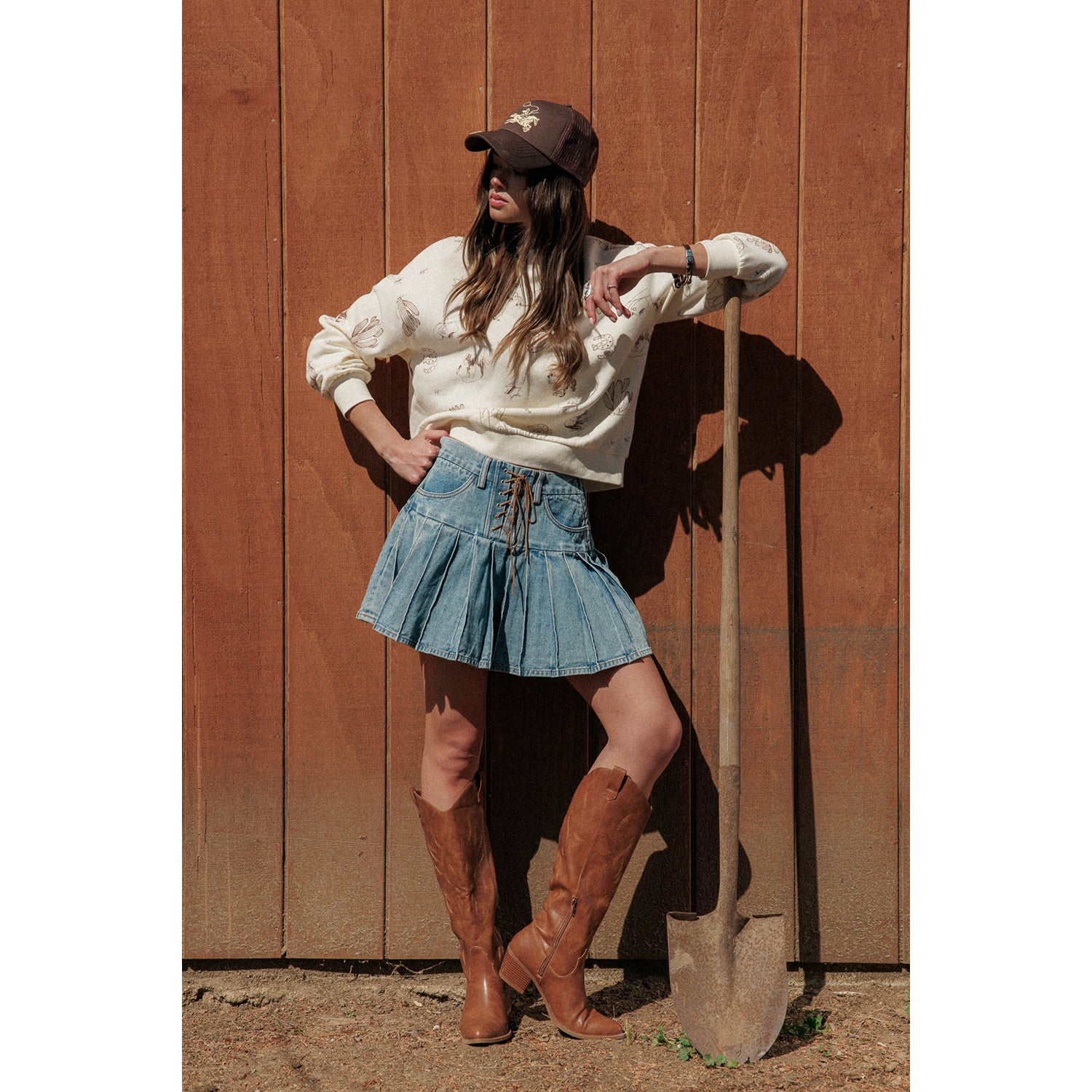 Lace-up Pleated Denim Skirt - Medium Wash