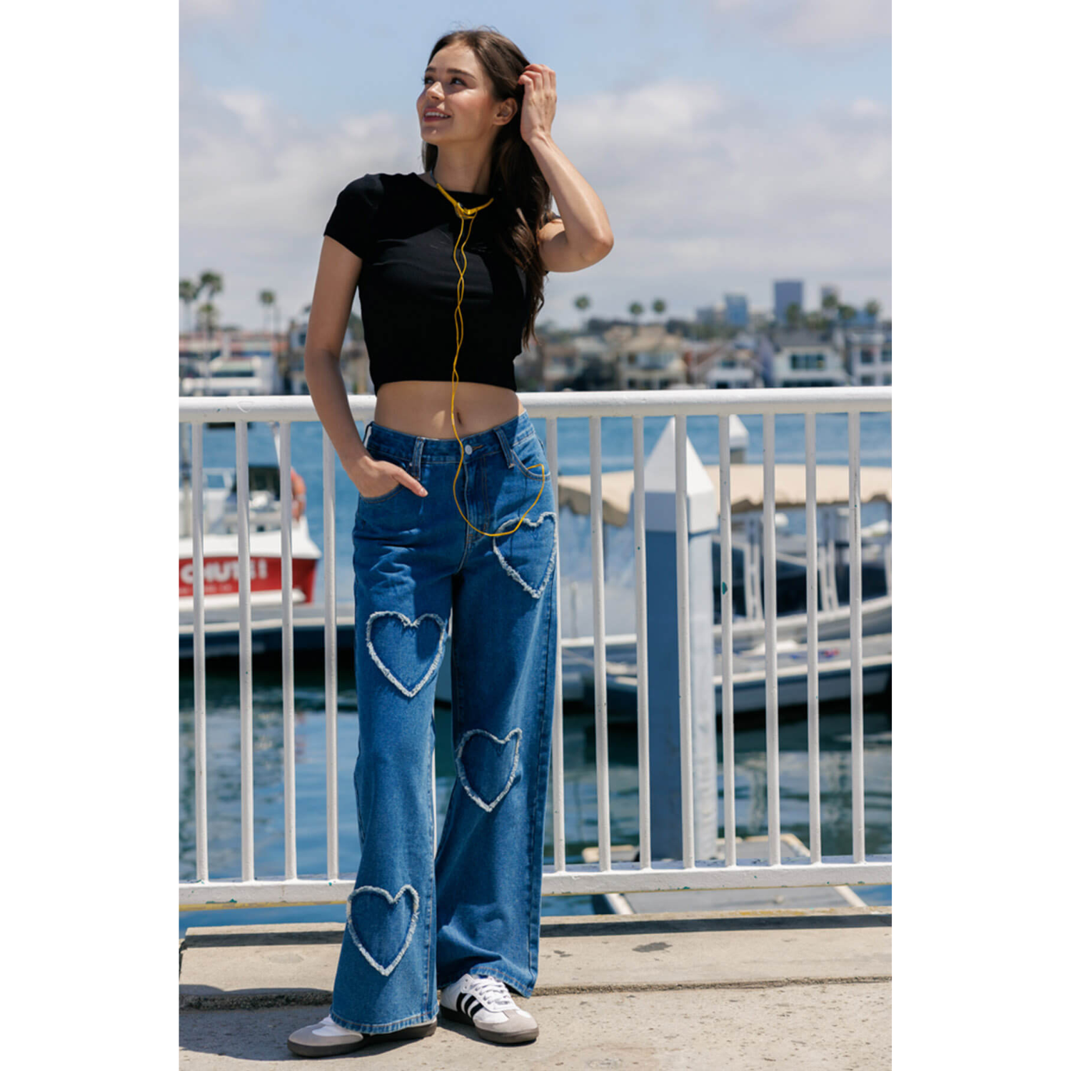 High Rise Heart Patched Wide Leg Jeans - Medium Wash