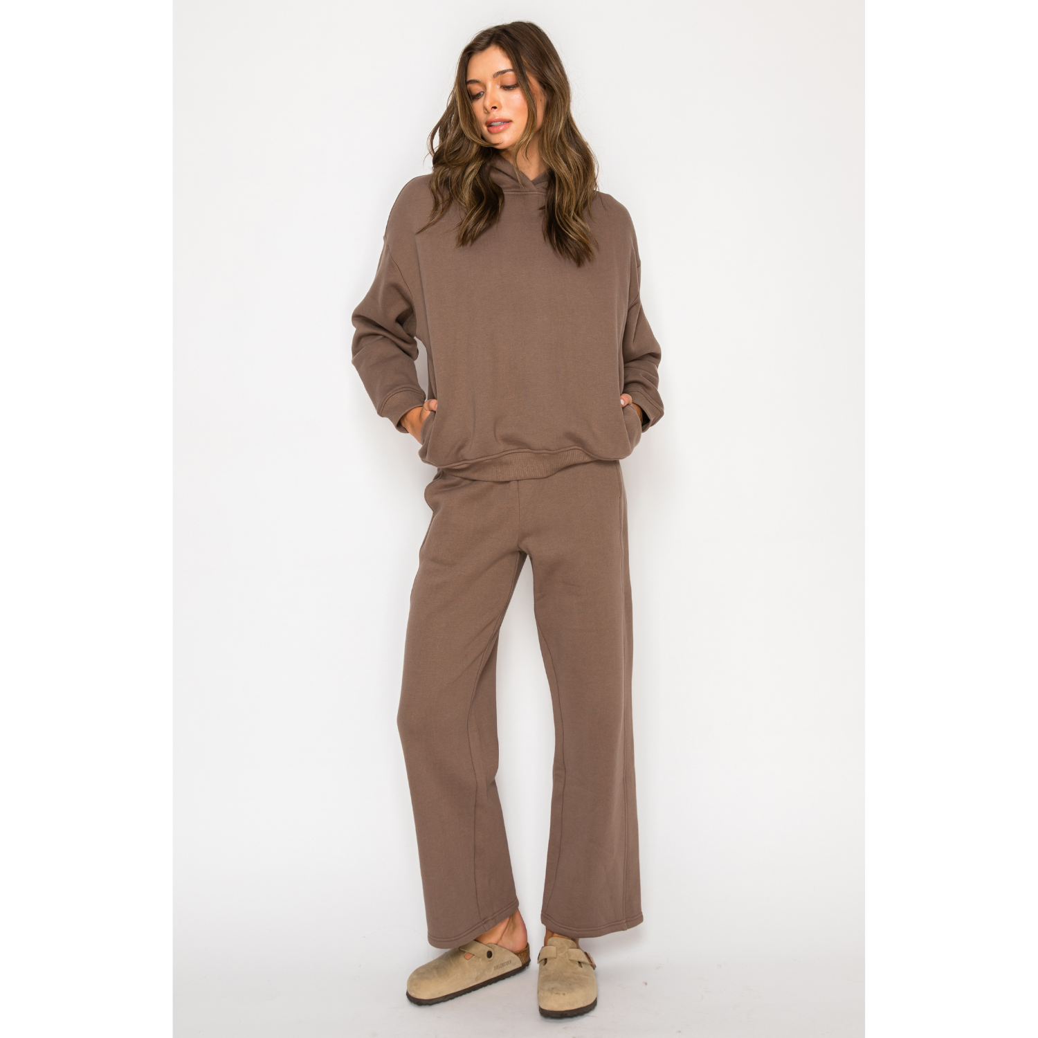 Soft Fleece Wide Leg Sweat Pants - Wild Mushroom Brown
