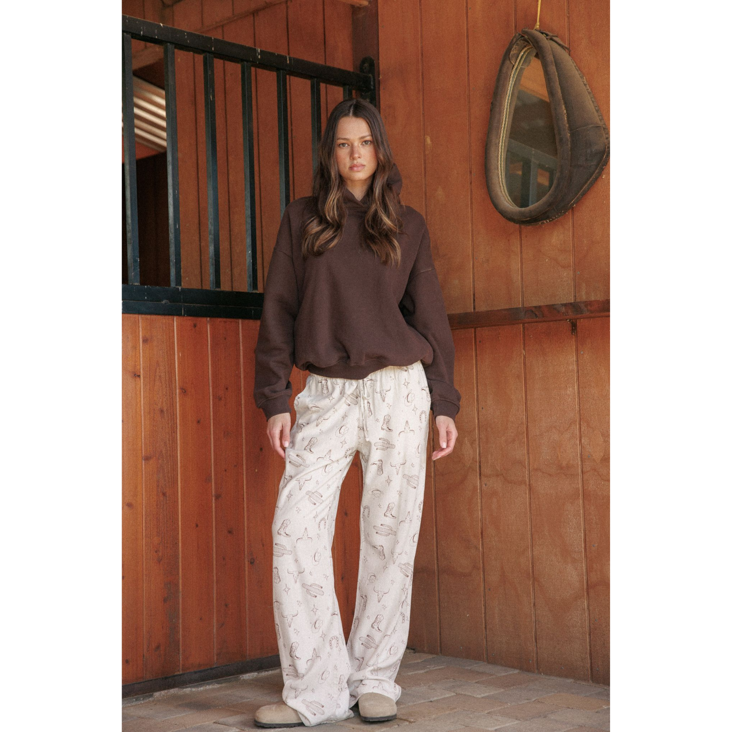 Printed Linen Pull On Pants - Brown
