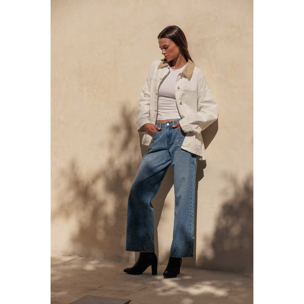Contrast Collar Oversized Denim Jacket - Ecru
