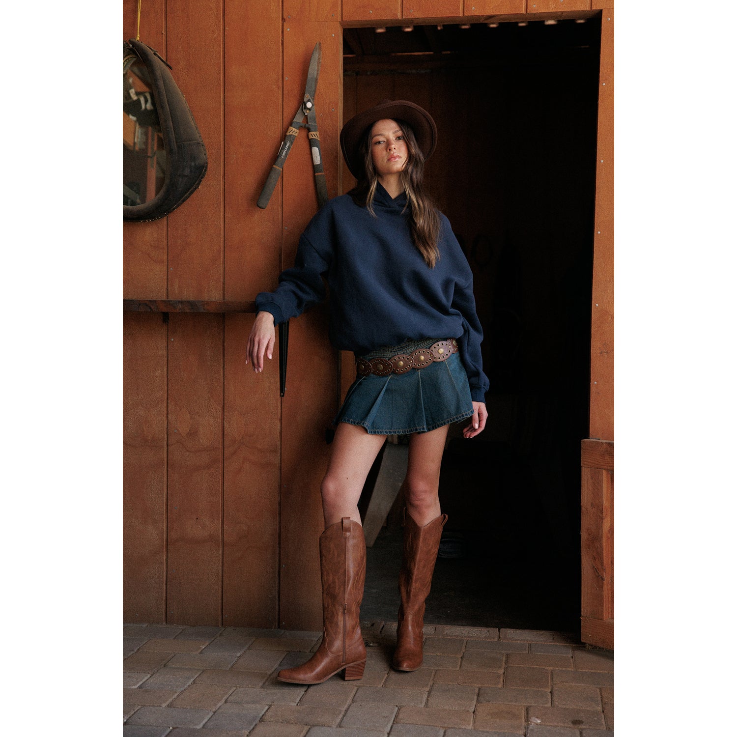 Pleated Denim Skort - Tinted Dark Wash