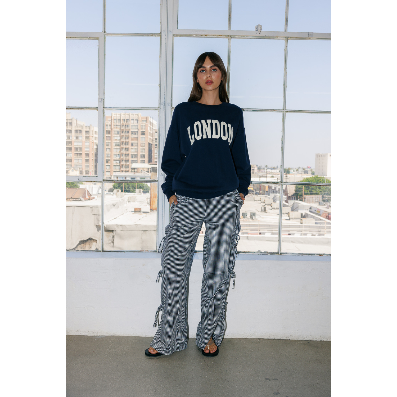 Gingham Cargo Side Tie Wide Leg Pants