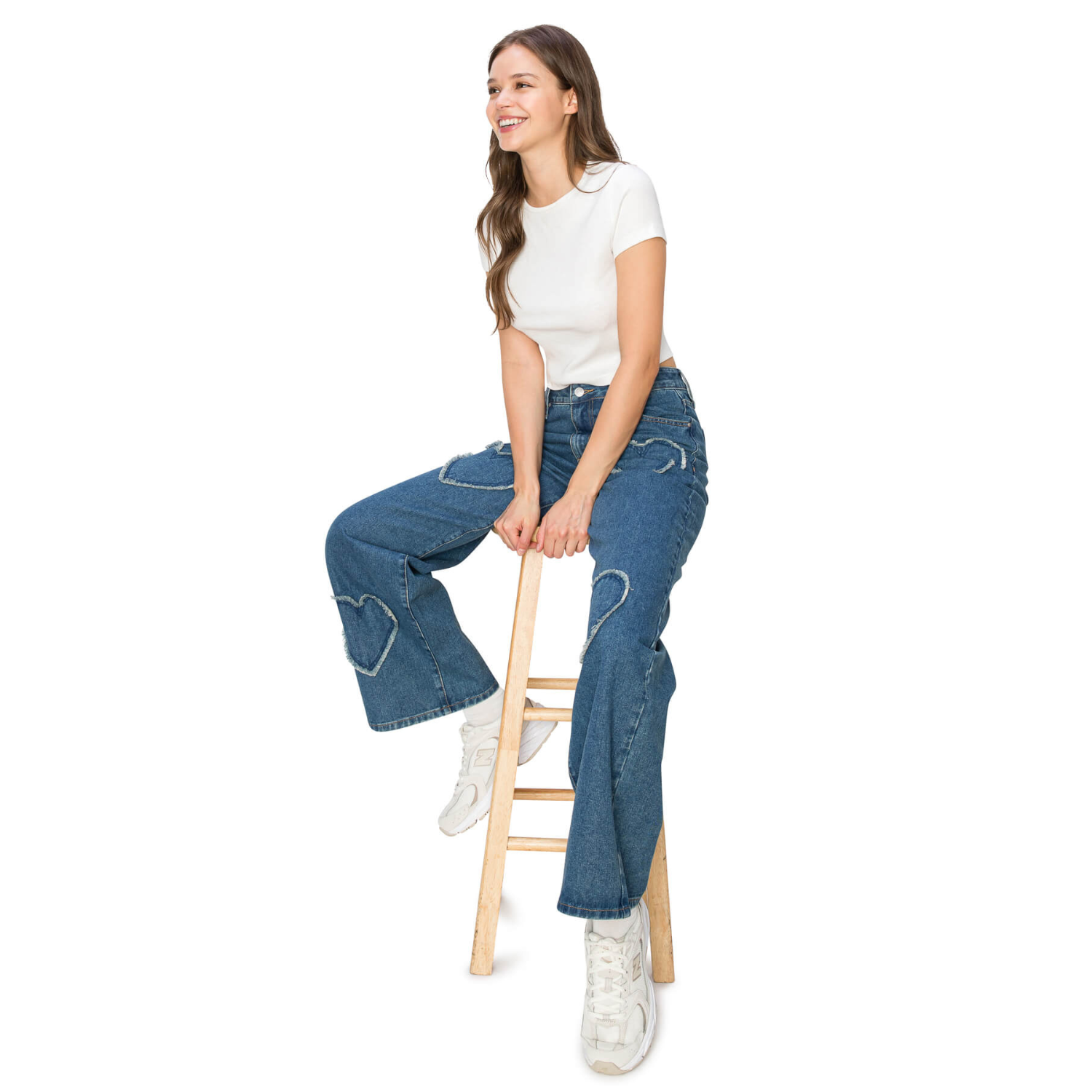 High Rise Heart Patched Wide Leg Jeans - Medium Wash