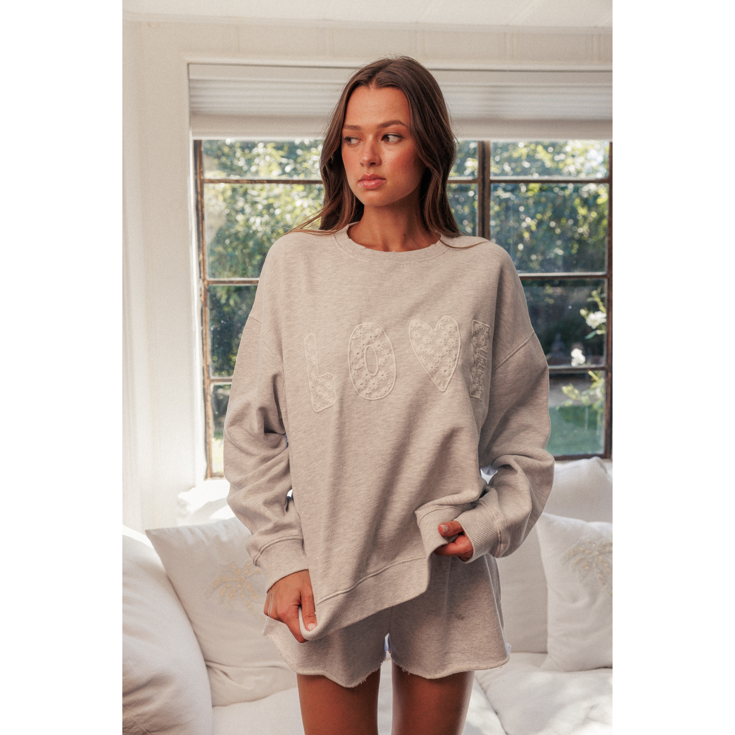 Love Lace Patched Crewneck Sweatshirt - Heather Chrome