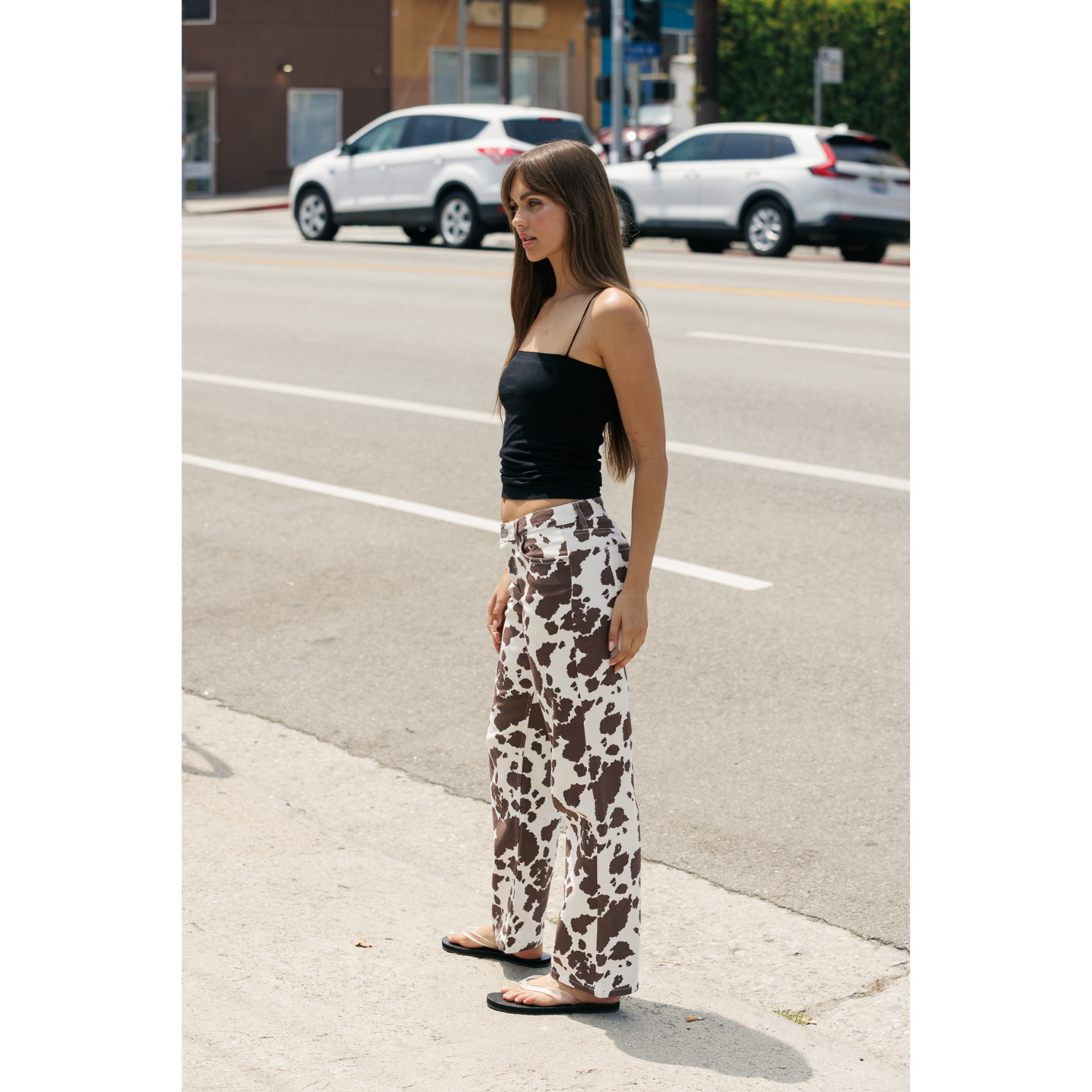 Printed Mid Rise Straight Leg Twill Pants - Cow