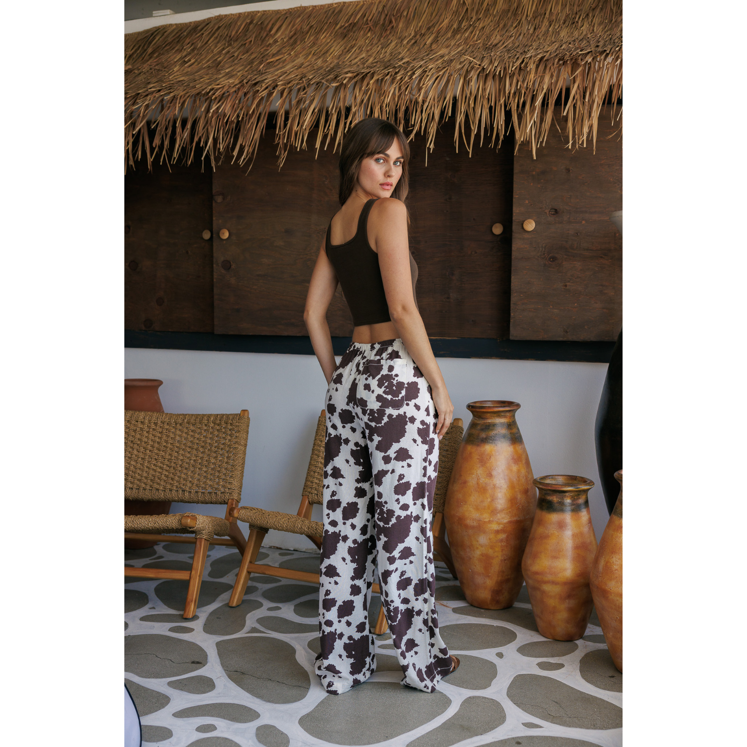 Printed Linen Pull On Wide Leg Pants - Cow