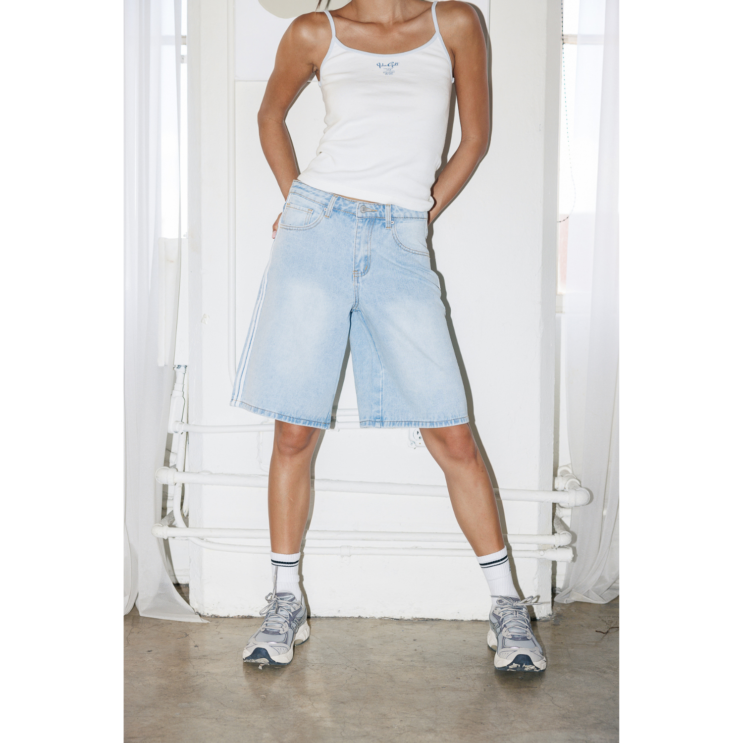 Longline Side Striped Denim Shorts - Light Wash