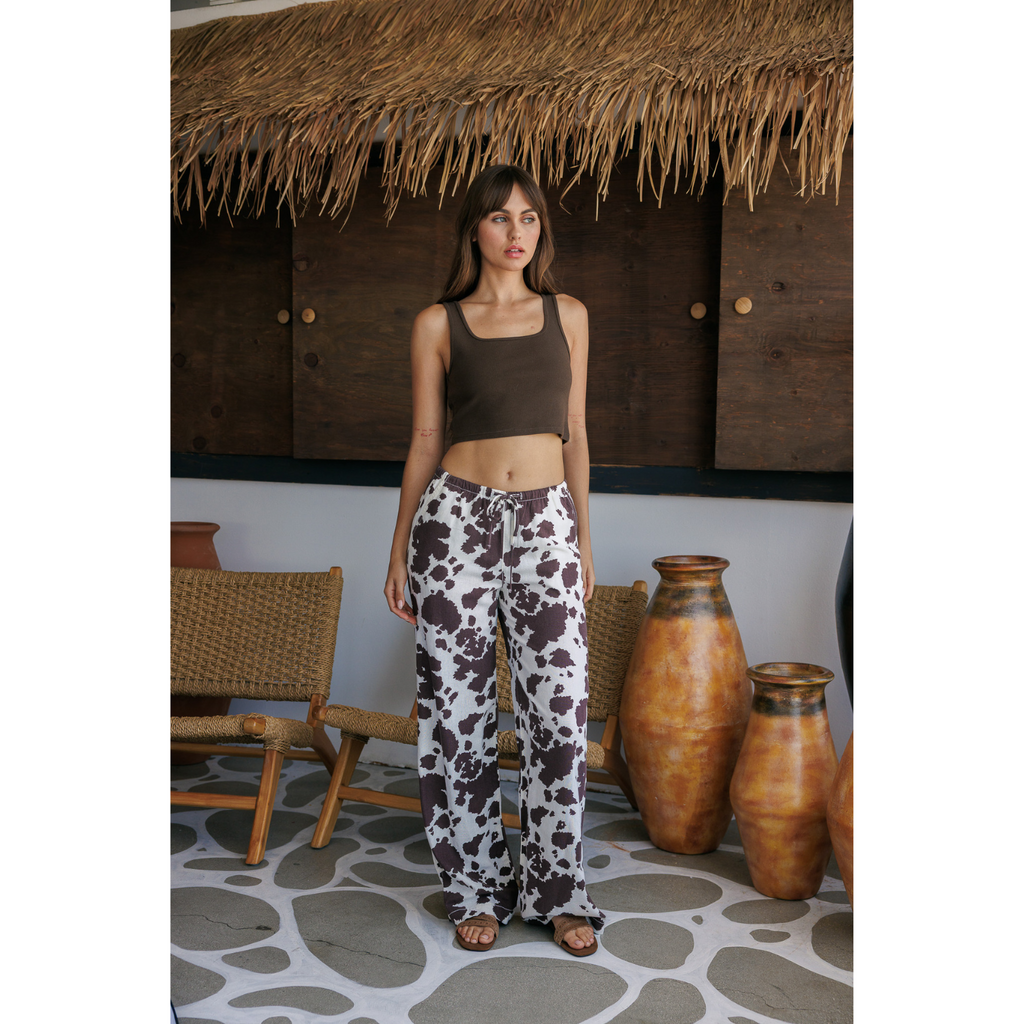 Printed Linen Pull On Wide Leg Pants - Cow Printed Linen Pull On Wide Leg Pants - Cow
