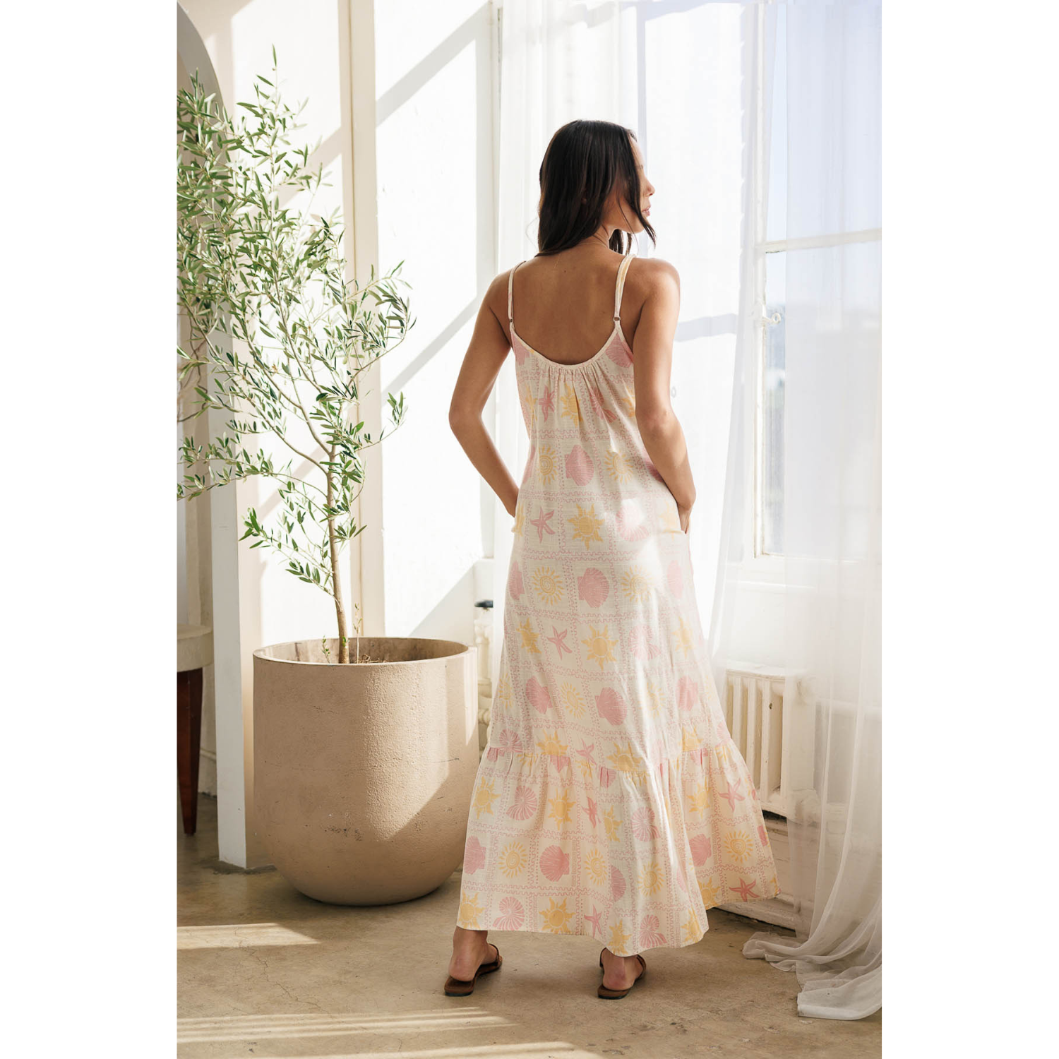 Seashell Printed Linen Maxi Dress