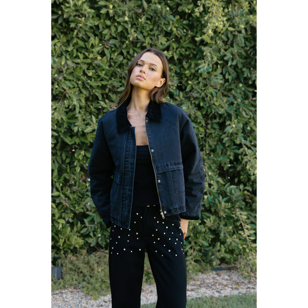 Contrast Collar Denim Jacket - Washed Black
