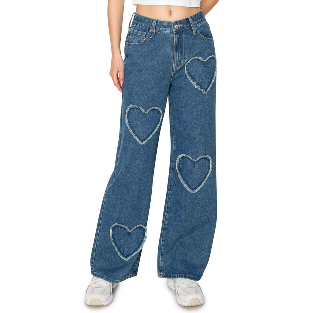 High Rise Heart Patched Wide Leg Jeans - Medium Wash High Rise Heart Patched Wide Leg Jeans - Medium Wash
