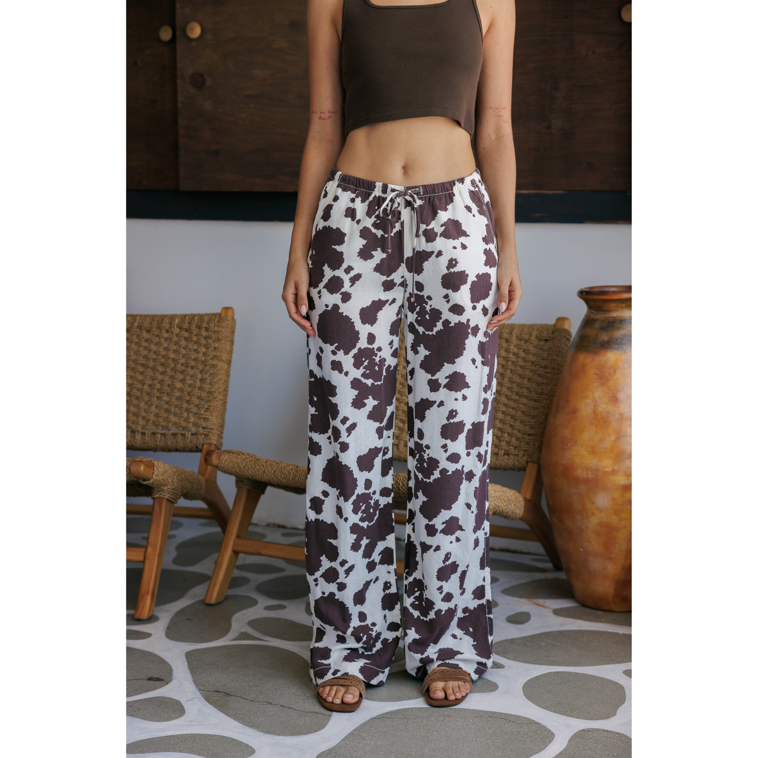 Printed Linen Pull On Wide Leg Pants - Cow