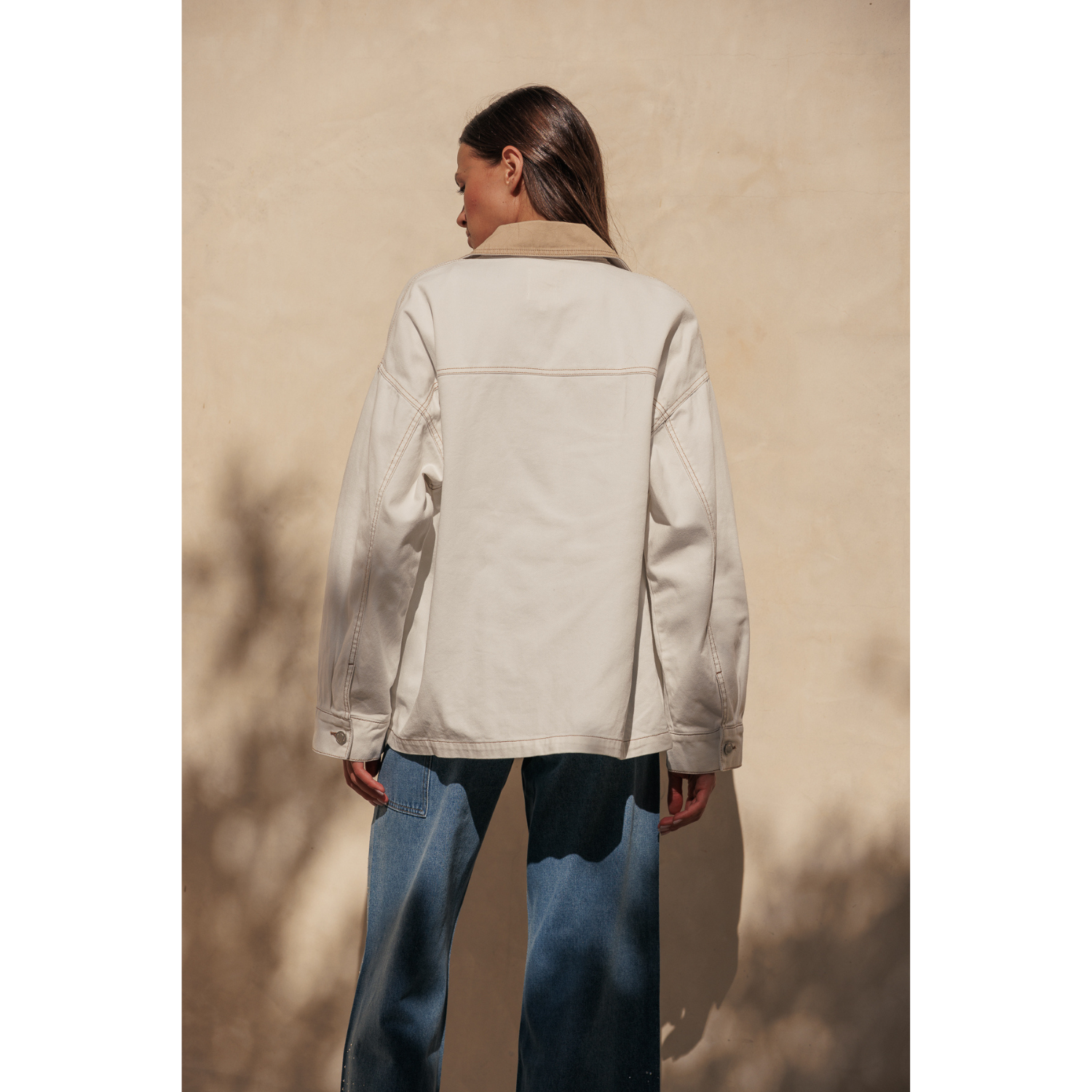 Contrast Collar Oversized Denim Jacket - Ecru