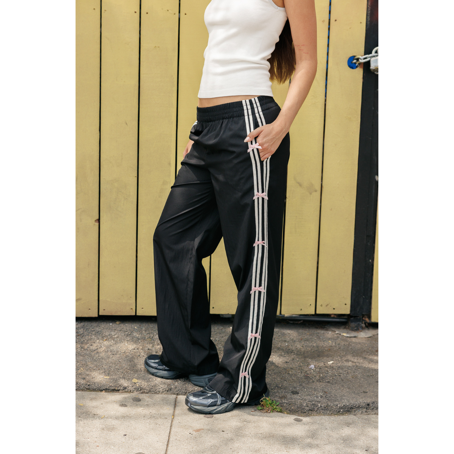 Bow Stripe Nylon Track Pants - Black