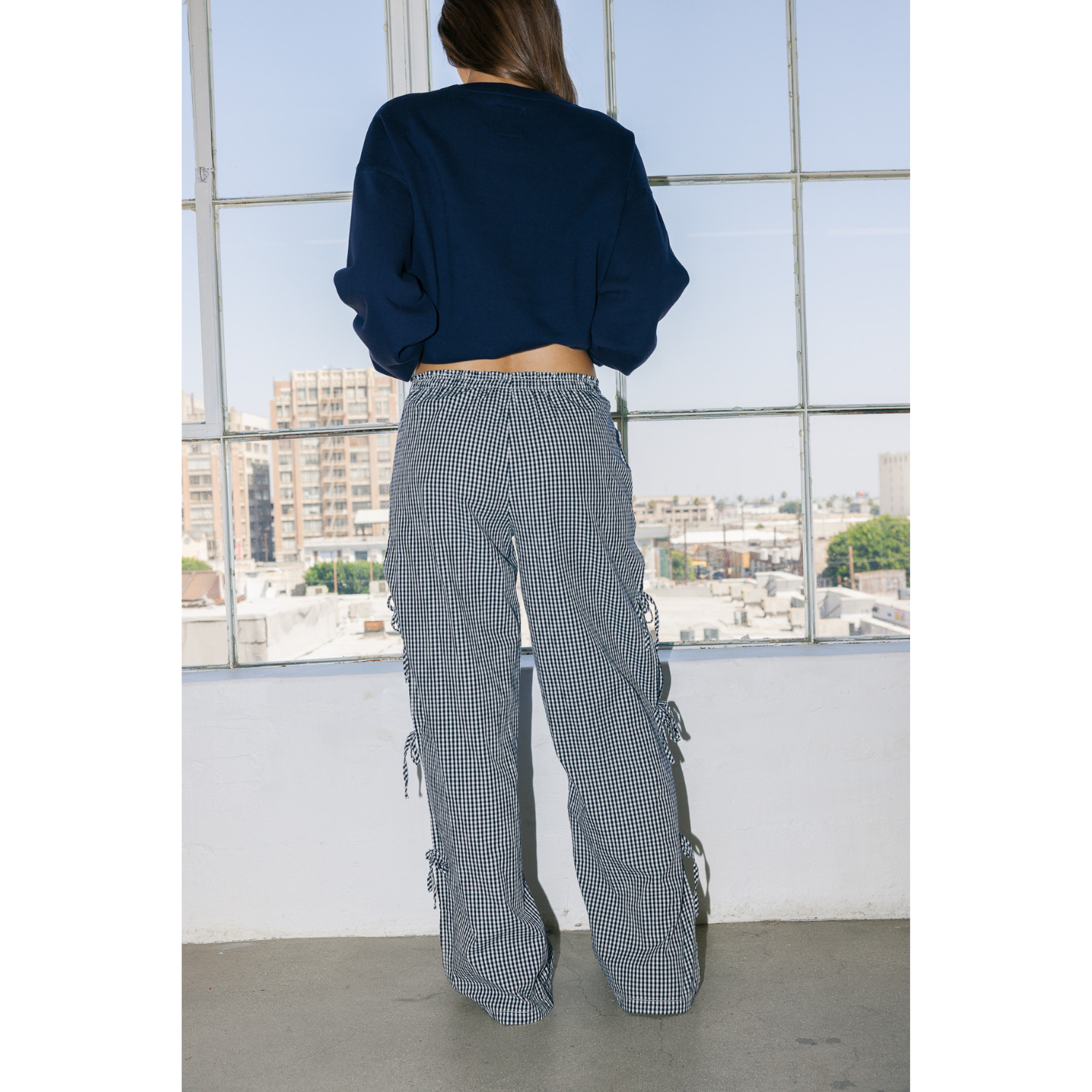 Gingham Cargo Side Tie Wide Leg Pants
