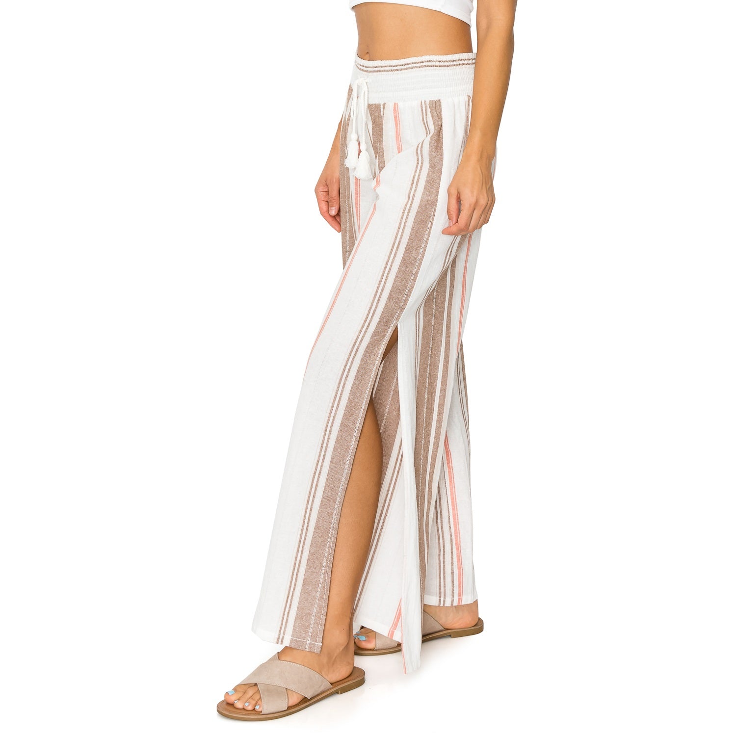 Smocked Waist Side Slit Wide Cut Linen Pants