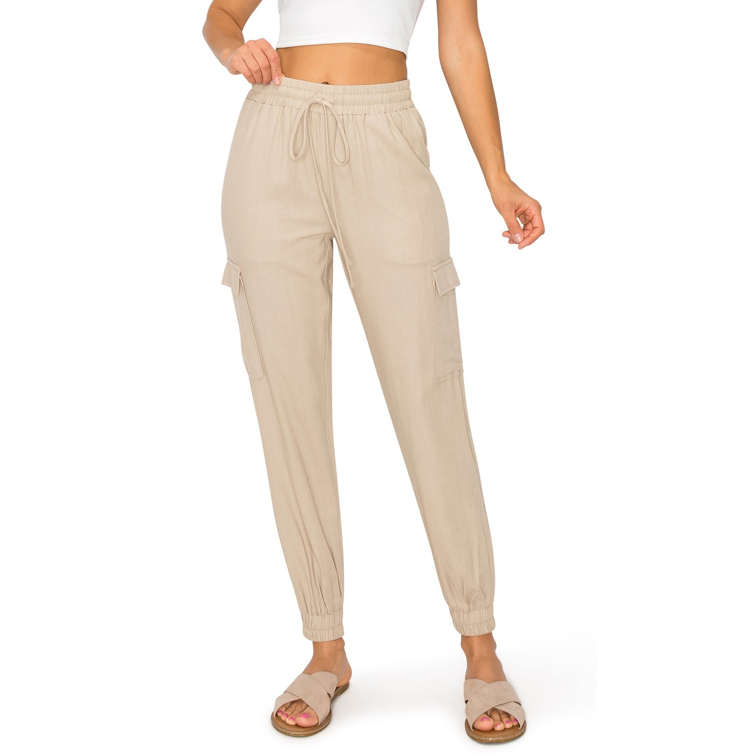 Drawstring Waist Linen Cargo Jogger Pants Khaki1