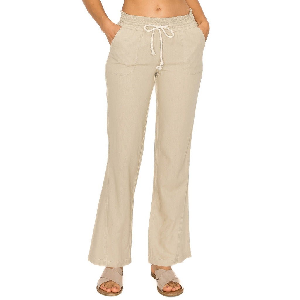 Linen Pants 29" Inseam Drawstring Smocked Waist Beach Pants - Khaki - cali1850shop