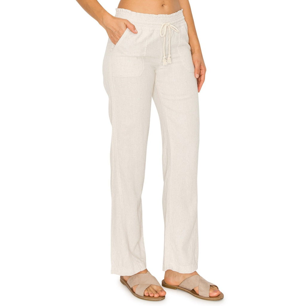 Linen Pants 29" Inseam Drawstring Smocked Waist Beach Pants - Oatmeal - cali1850shop