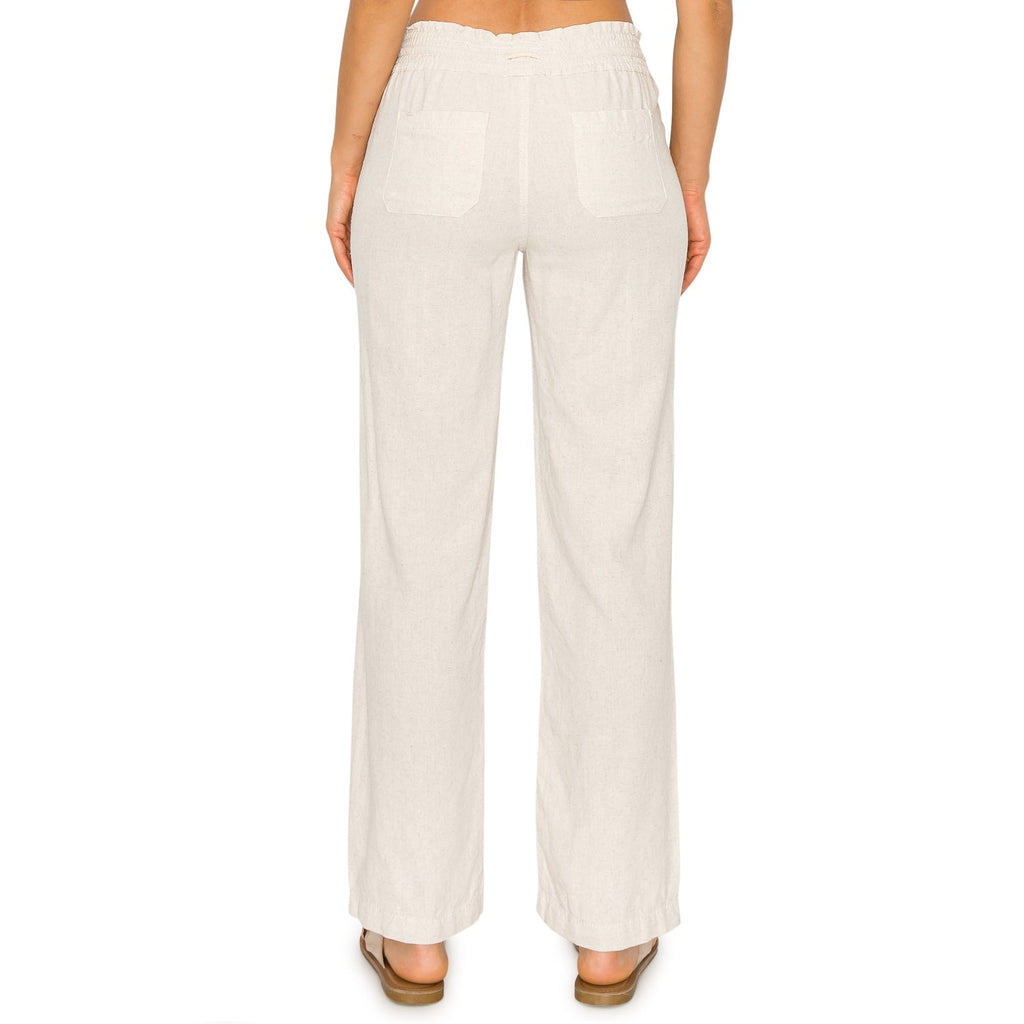 Linen Pants 29" Inseam Drawstring Smocked Waist Beach Pants - Oatmeal - cali1850shop