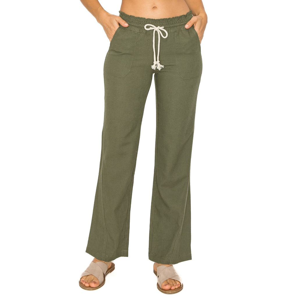 Linen Pants 29" Inseam Drawstring Smocked Waist Beach Pants - Olive - cali1850shop