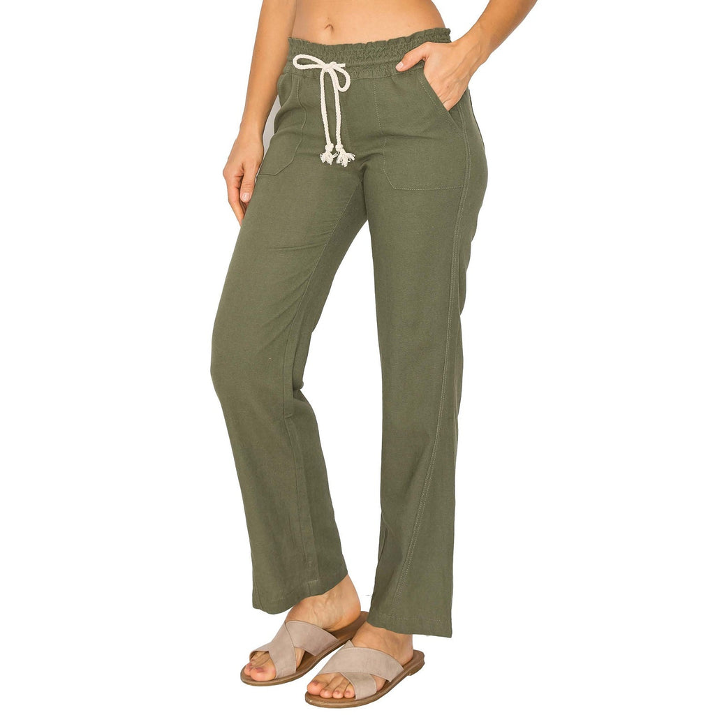 Linen Pants 29" Inseam Drawstring Smocked Waist Beach Pants - Olive - cali1850shop