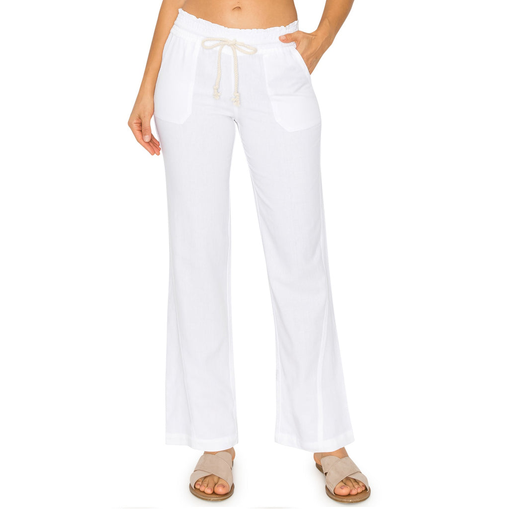 Linen Pants 29" Inseam Drawstring Smocked Waist Beach Pants - White - cali1850shop