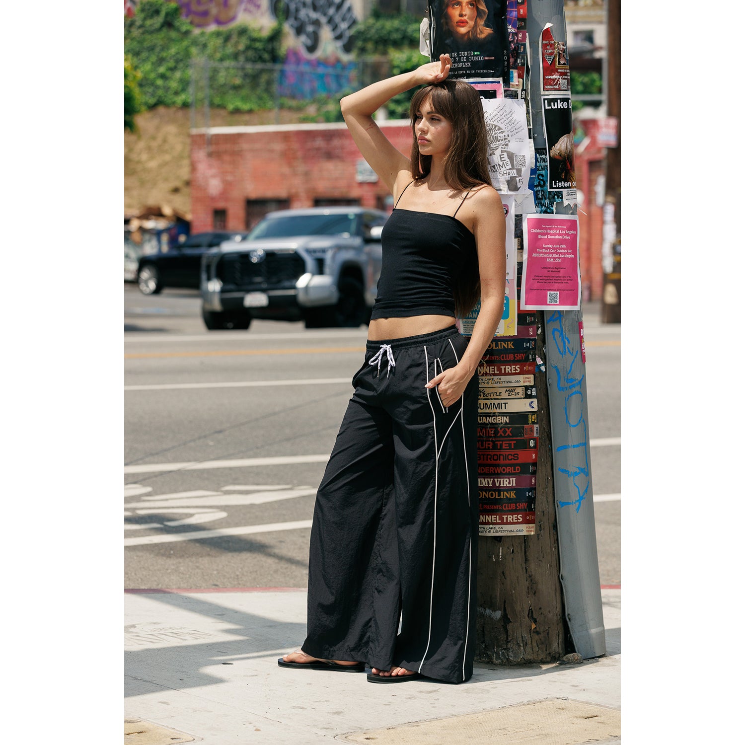 Nylon Wide leg Track Pants - Black