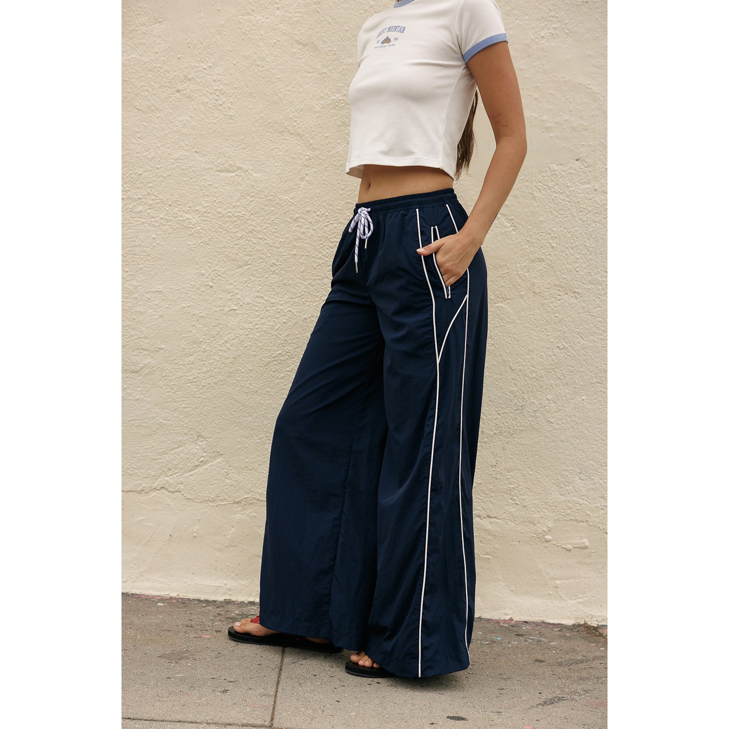 Nylon Wide leg Track Pants - Navy