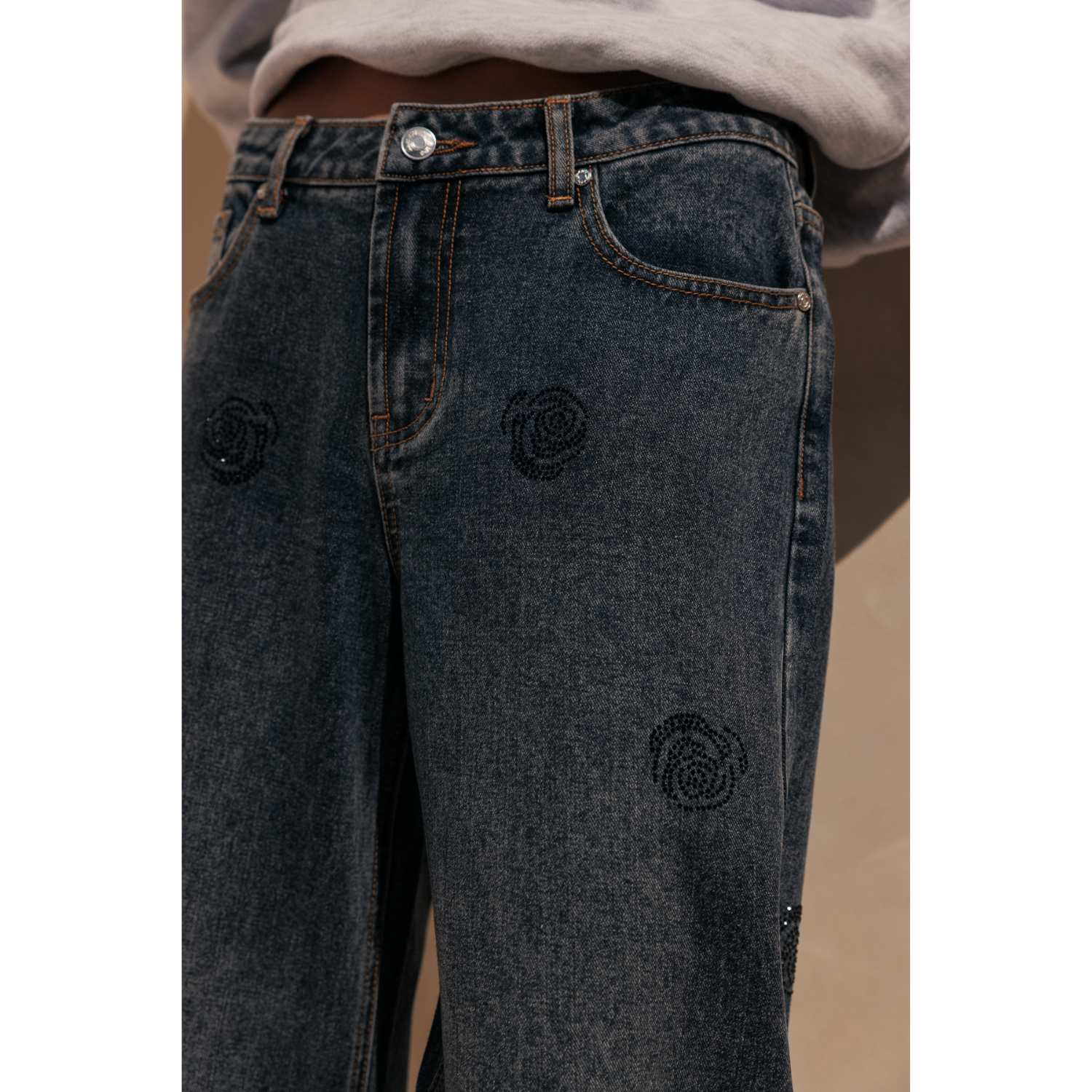 Rhinestone Low Rise Slouchy Jeans