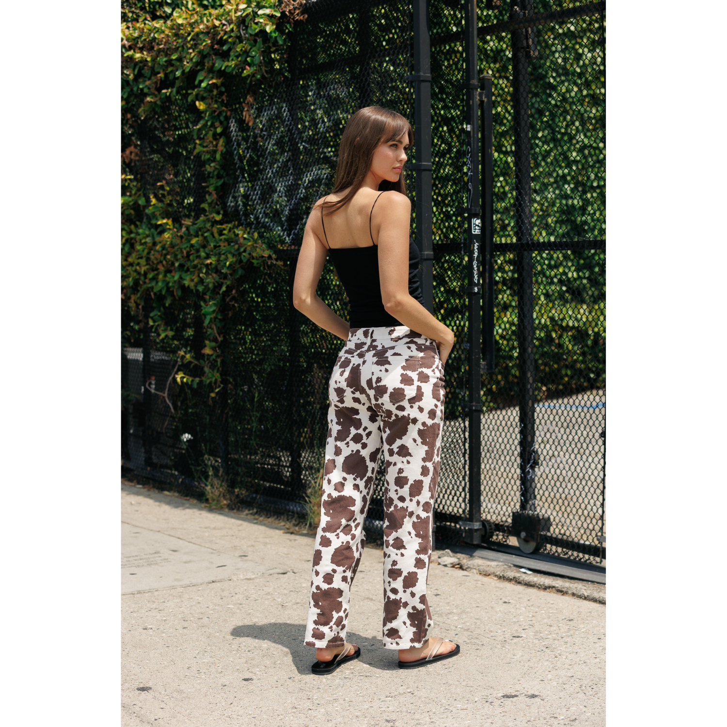 Printed Mid Rise Straight Leg Twill Pants - Cow Printed Mid Rise Straight Leg Twill Pants - Cow