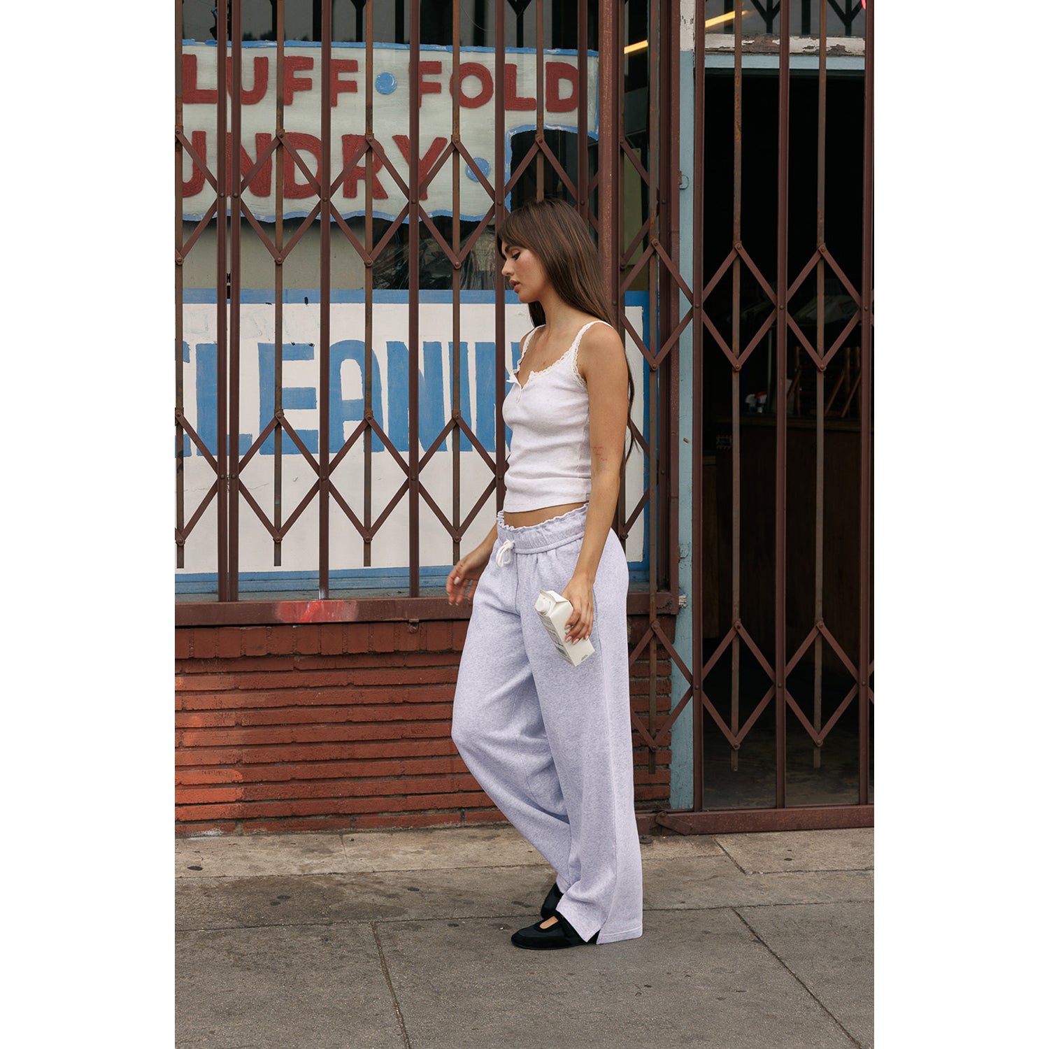 Folded Waist Band Wide Leg Sweat Pants - Heather Grey