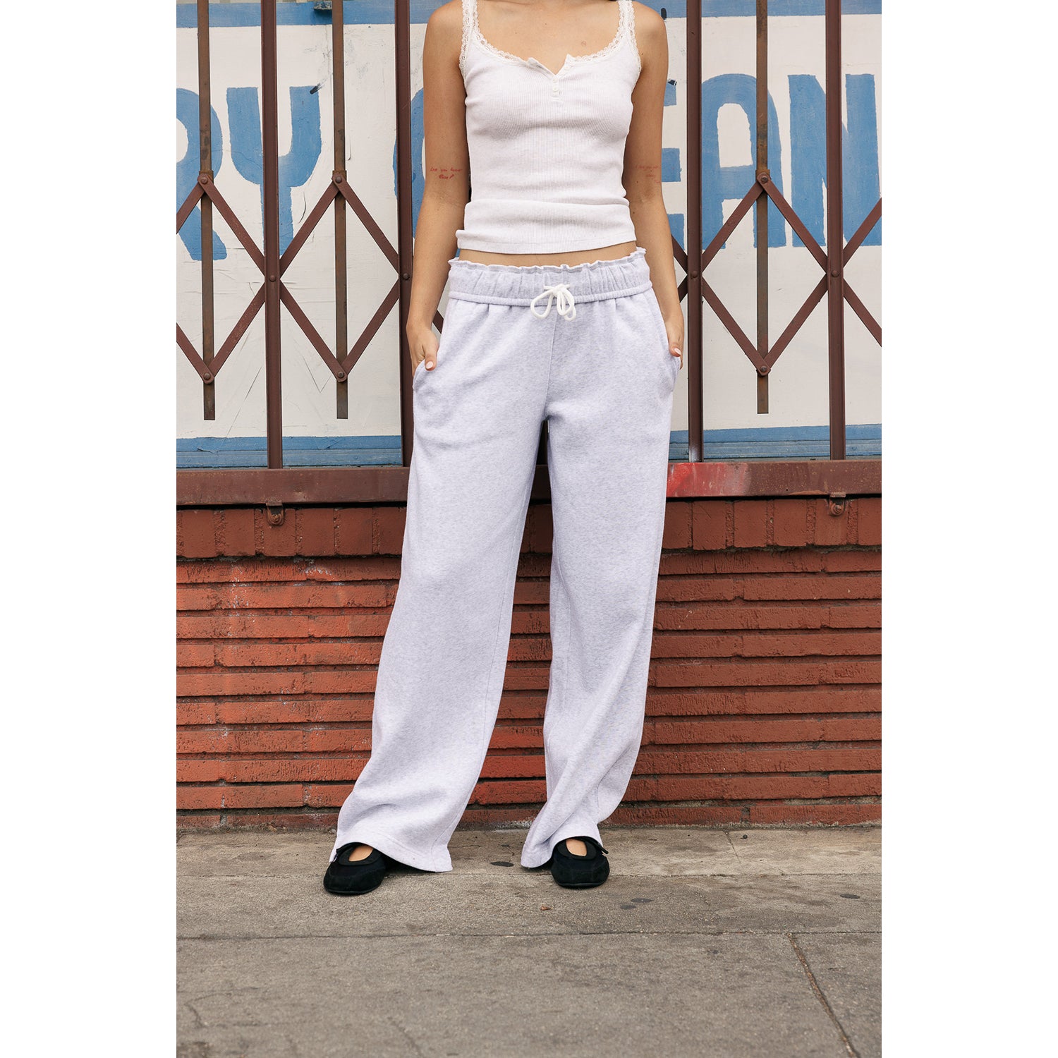 Folded Waist Band Wide Leg Sweat Pants - Heather Grey