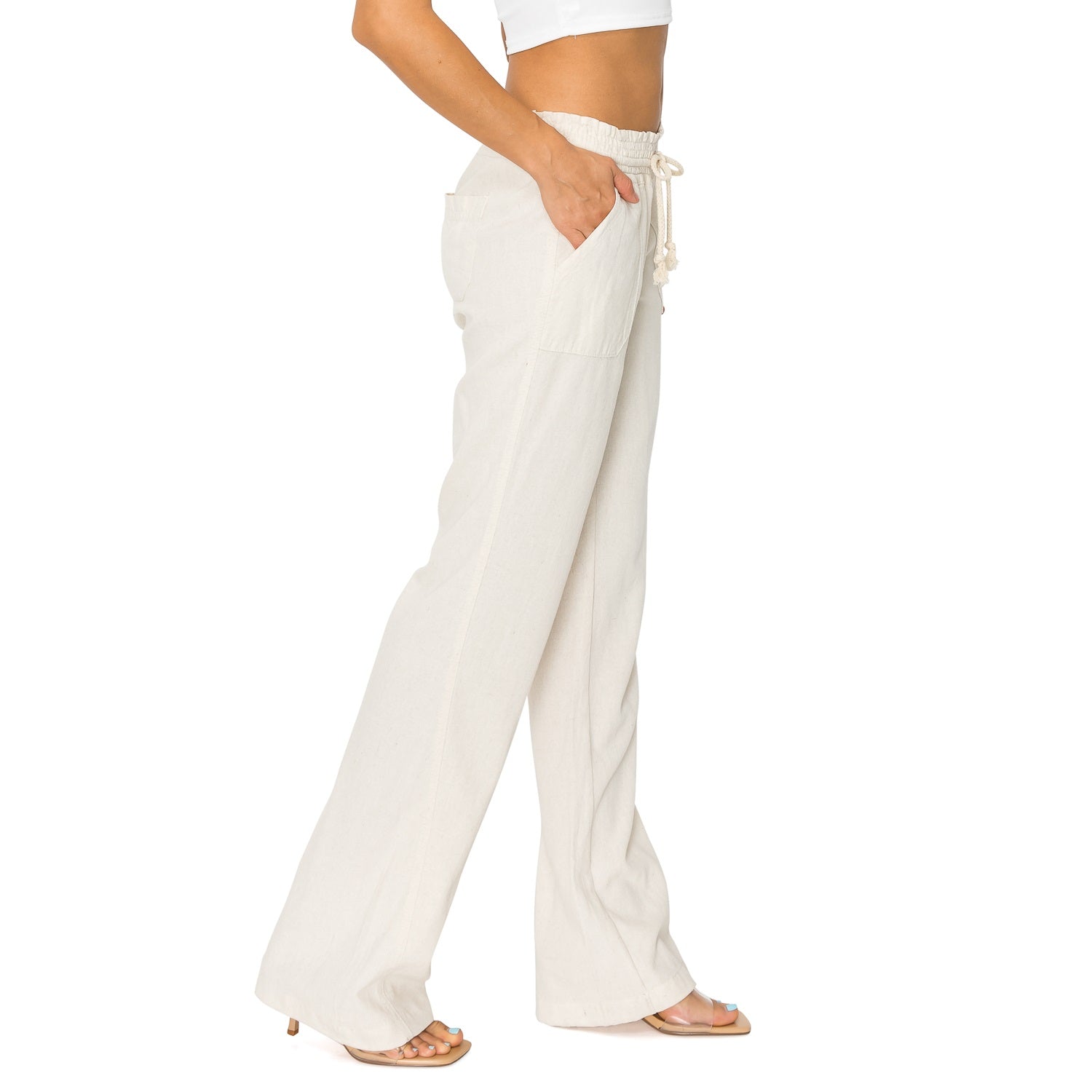 Summer Linen Pants for Women Smocked Low Rise Drawstring Wide Leg