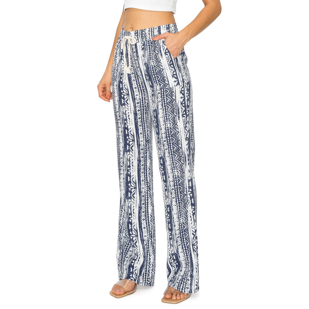 Linen Pants 32" Inseam Drawstring Smocked Waist Printed Beach Pants - Blue Aztec - cali1850shop