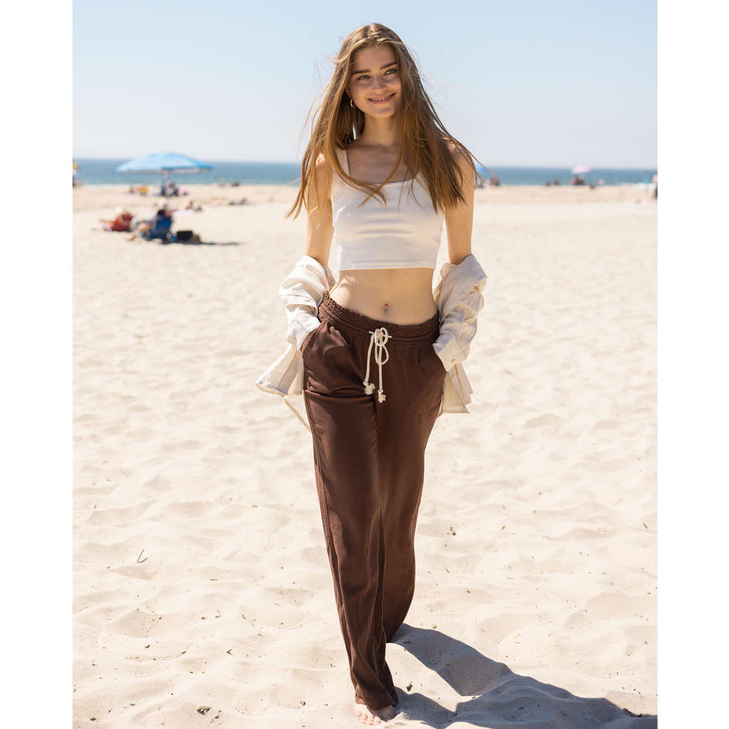 Linen Pants 32 Inseam Drawstring Smocked Waist Beach Pants - Sand