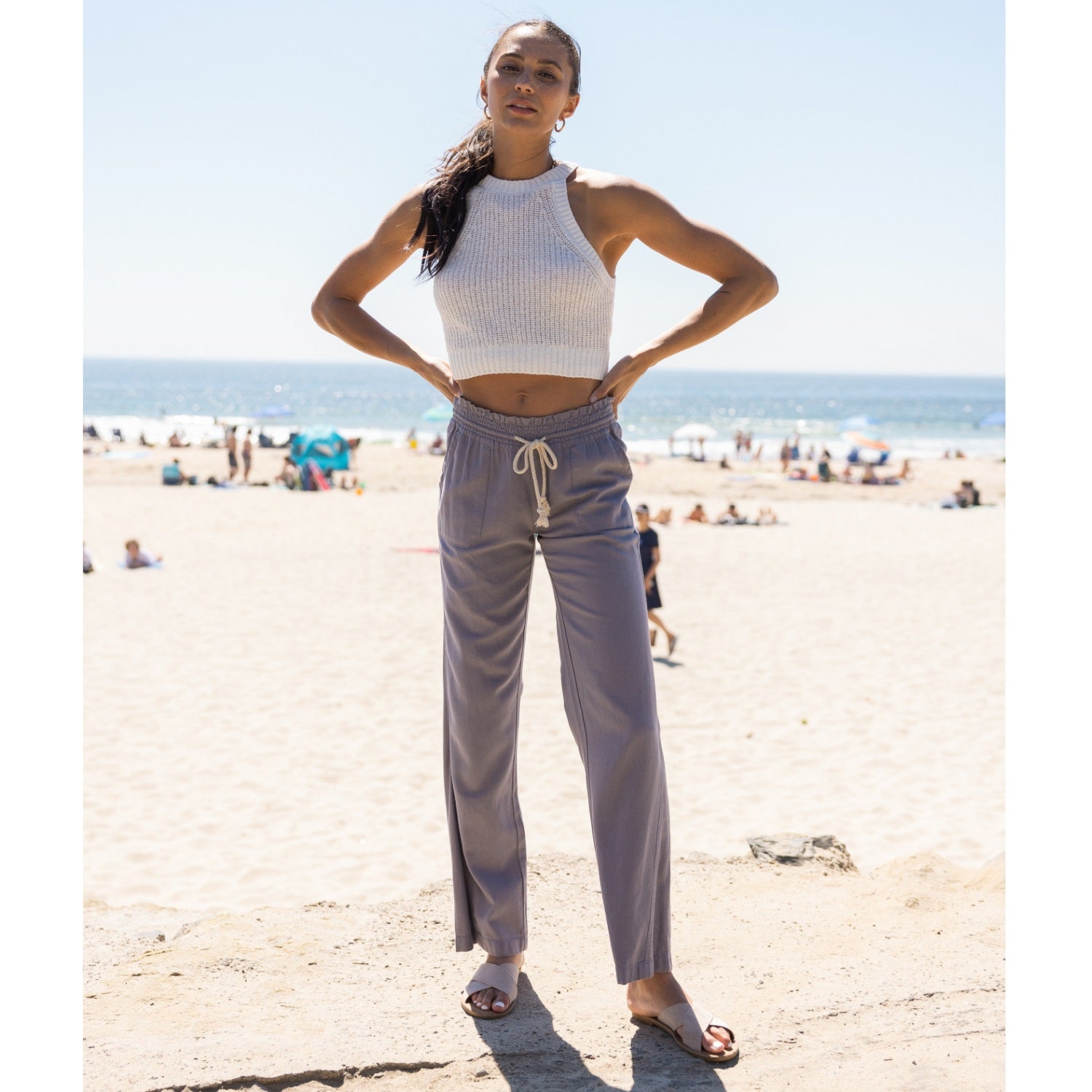 Linen Pants 32 Inseam Drawstring Smocked Waist Beach Pants - Sand