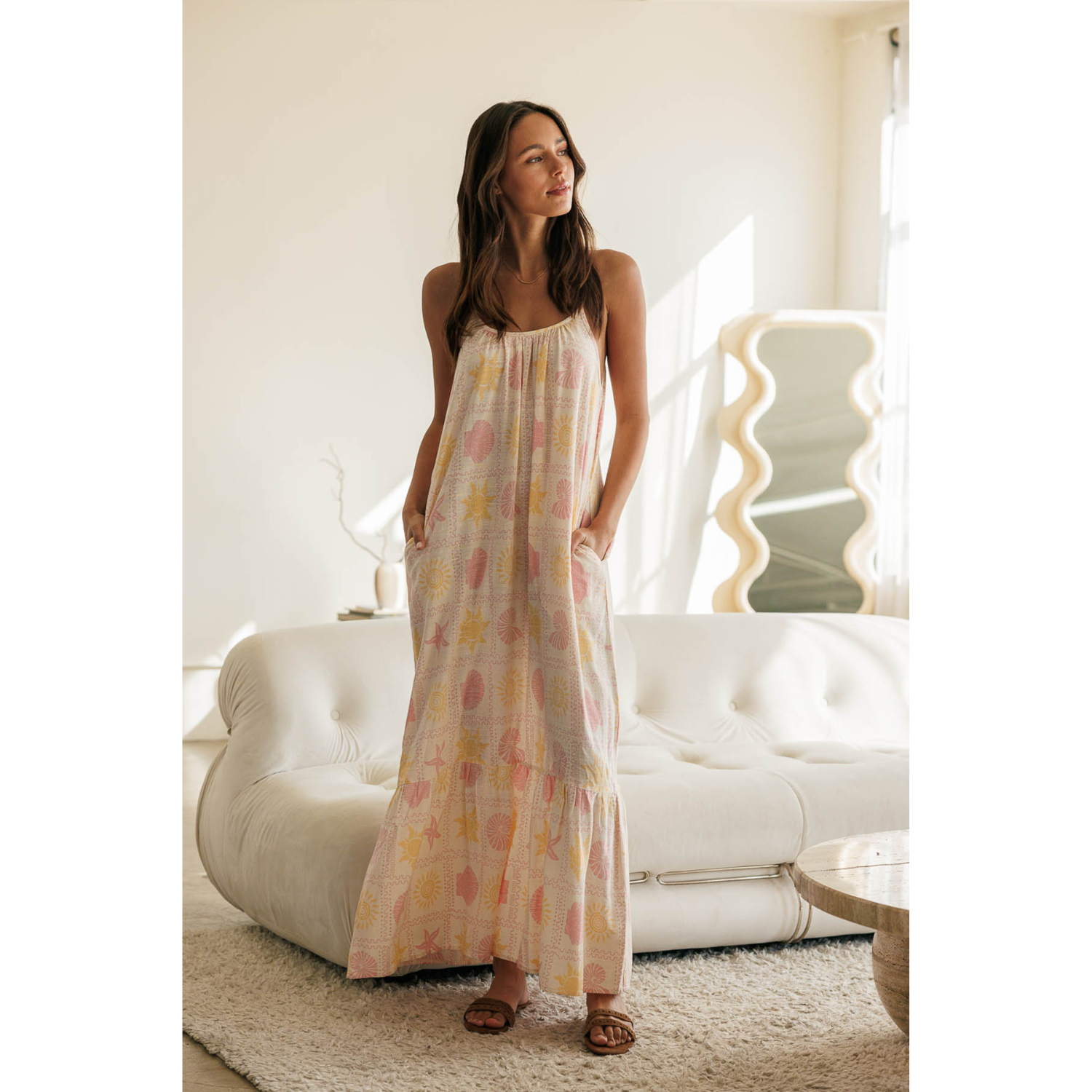 seashell linen dress Printed Maxi Olive Flower Girl Dresses The sleeveless summer dress Older Brides Wedding Dresses Size:XL (36-37 sleeve length)