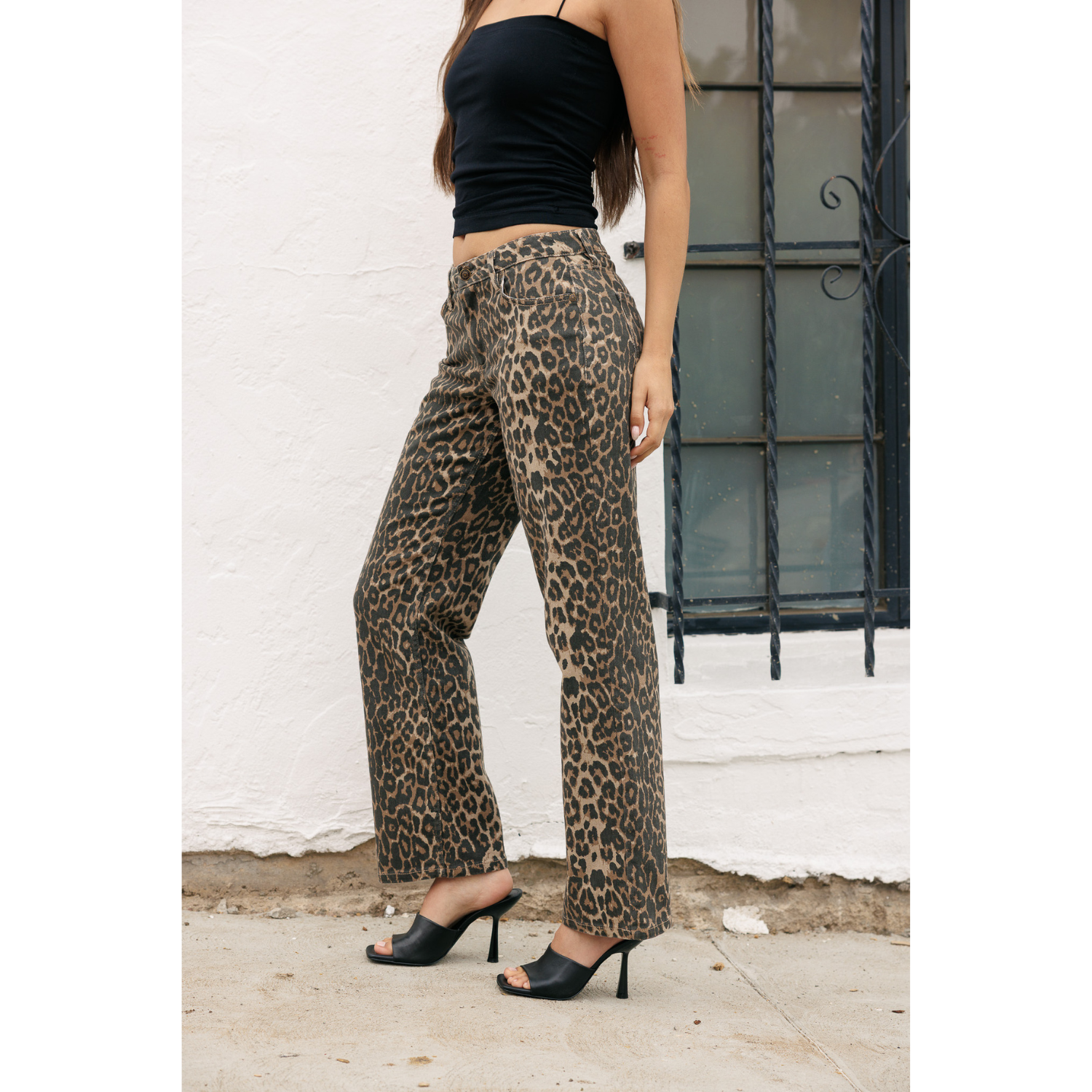 Printed Mid Rise Straight Leg Twill Pants - Leopard